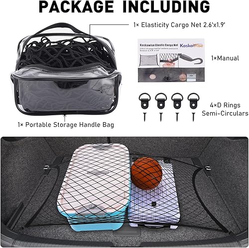 Miniatura 6 de Kaskawise Red de carga elástica para SUV, organizador de red de camión con bolsa de almacenamiento, 32 x 24 pulgadas, elástica a 56 x 42 pulgadas,