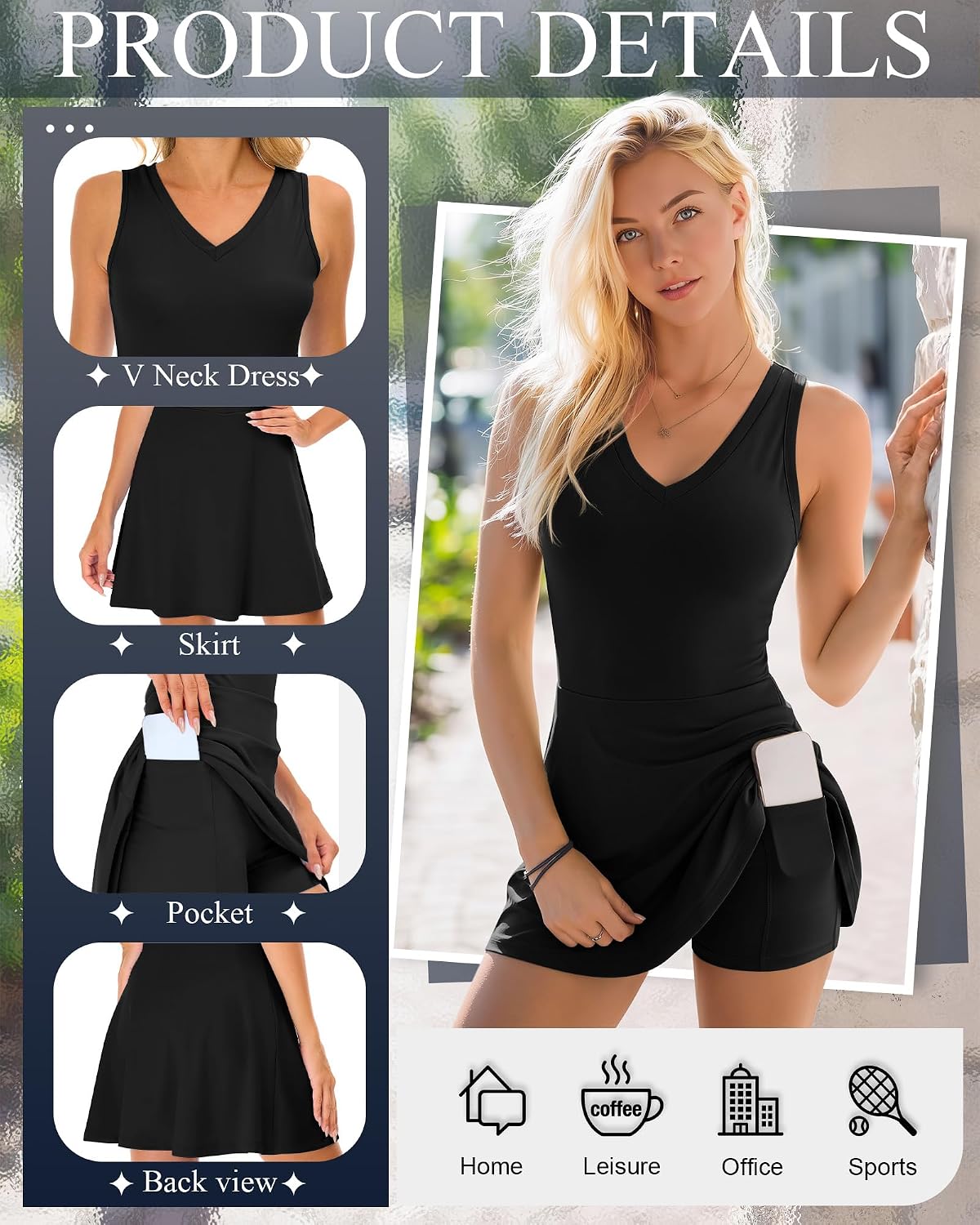 Huukeay Women's Tennis Dress Athletic Built in Shorts with Pockets Sleeveless V Neck Tank Workout Dresses Summer Golf Clothes