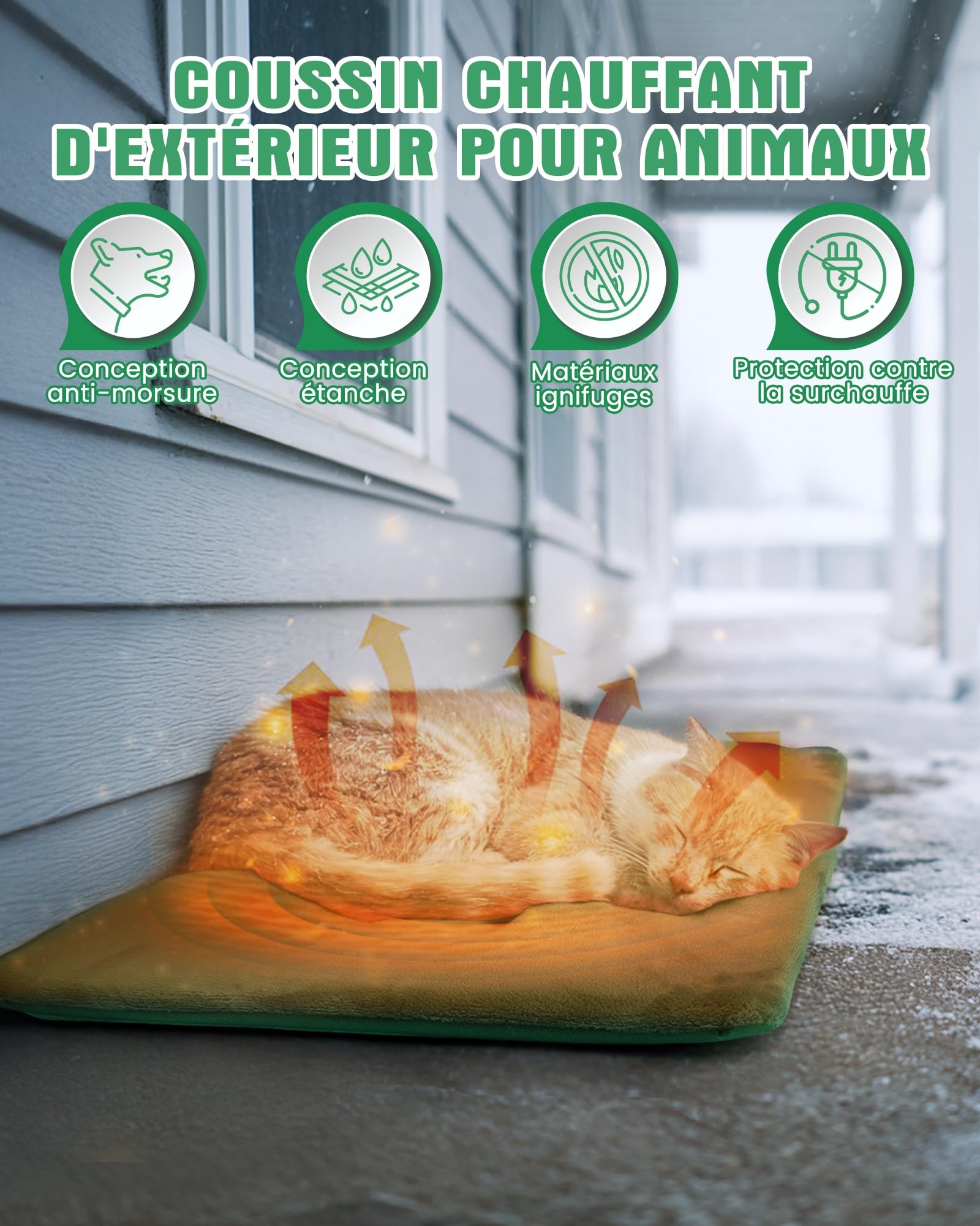 petnf Coussin Chauffant d‘Extérieur pour Chien et Chat - Température Auto-Régulée, Étanche, Câble Anti-Morsure - pour Niche, Maison de Chat et Panier, Vert, 40x50 cm