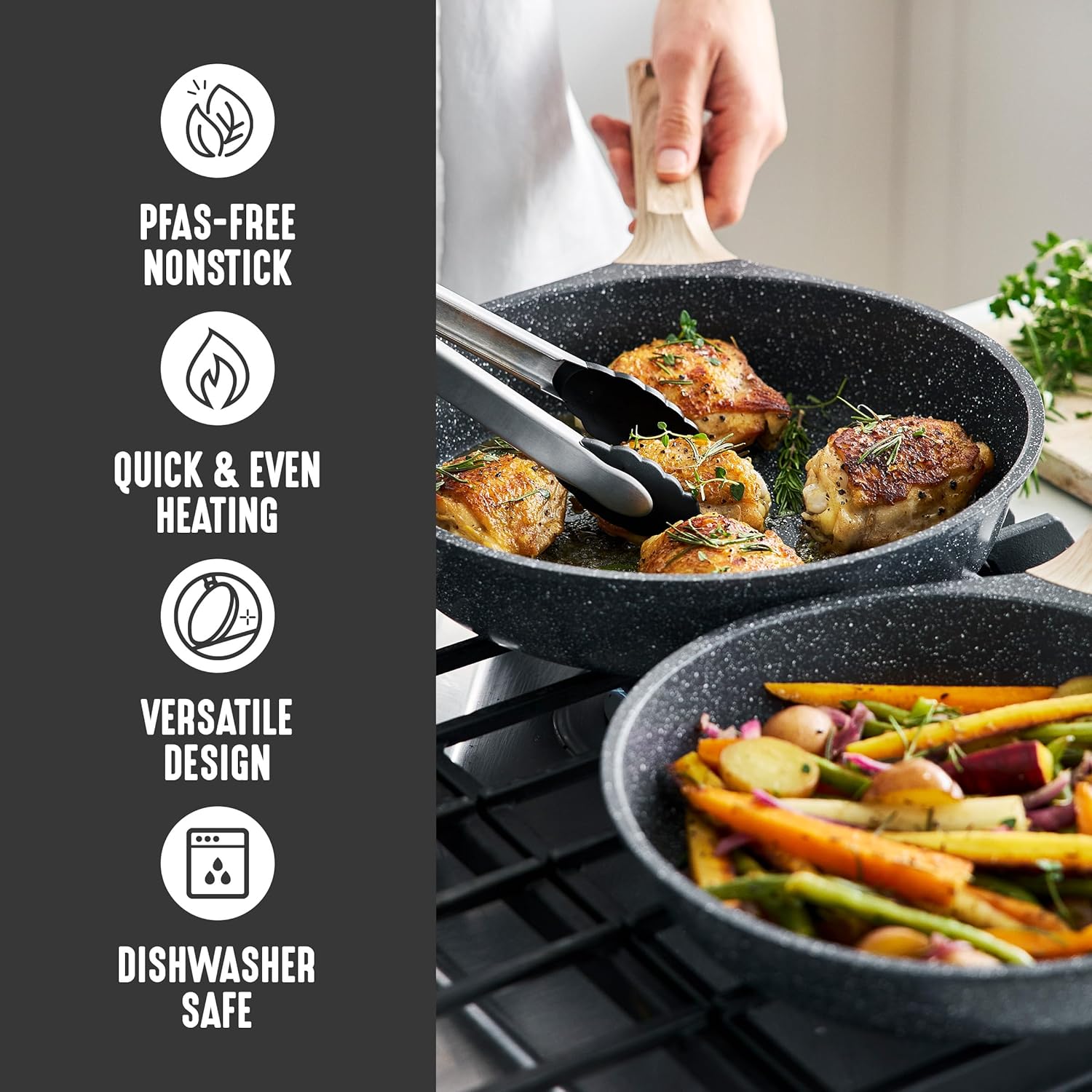 GreenLife Nonstick 2 Piece Frying Pan Set, 9.5" & 11" Skillets Ceramic PFAS-Free Nontoxic, Induction Suitable, Wood Print Handles, Stay-Cool Handles, Deep Cooking Skillets, Egg Pan, Granite Black - Image 5