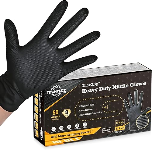 TitanFlex Guantes industriales de nitrilo negros resistentes con textura de diamante elevado, sin látex (6mil8mil)