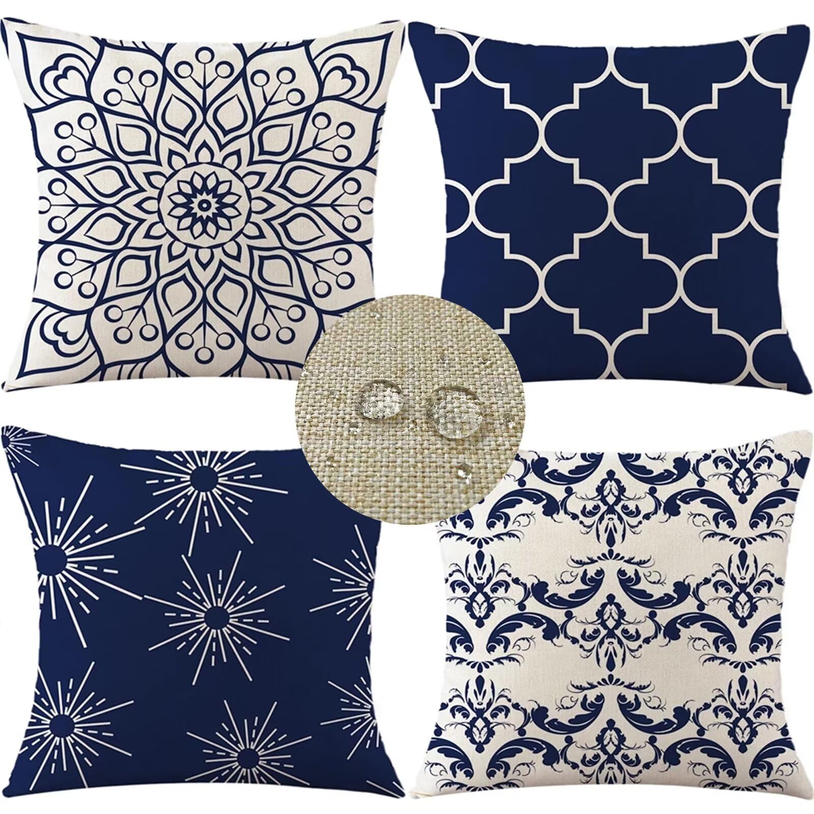 Blu scuro Cuscini per Divano 70x70cm Piazza Cuscini Divano Boho Decorativo Federe Cuscini Set di 4 Doppia Faccia Lino Impermeabile Cuscini da Esterno per Soggiorno Sedia Letto Copricuscini W-6562