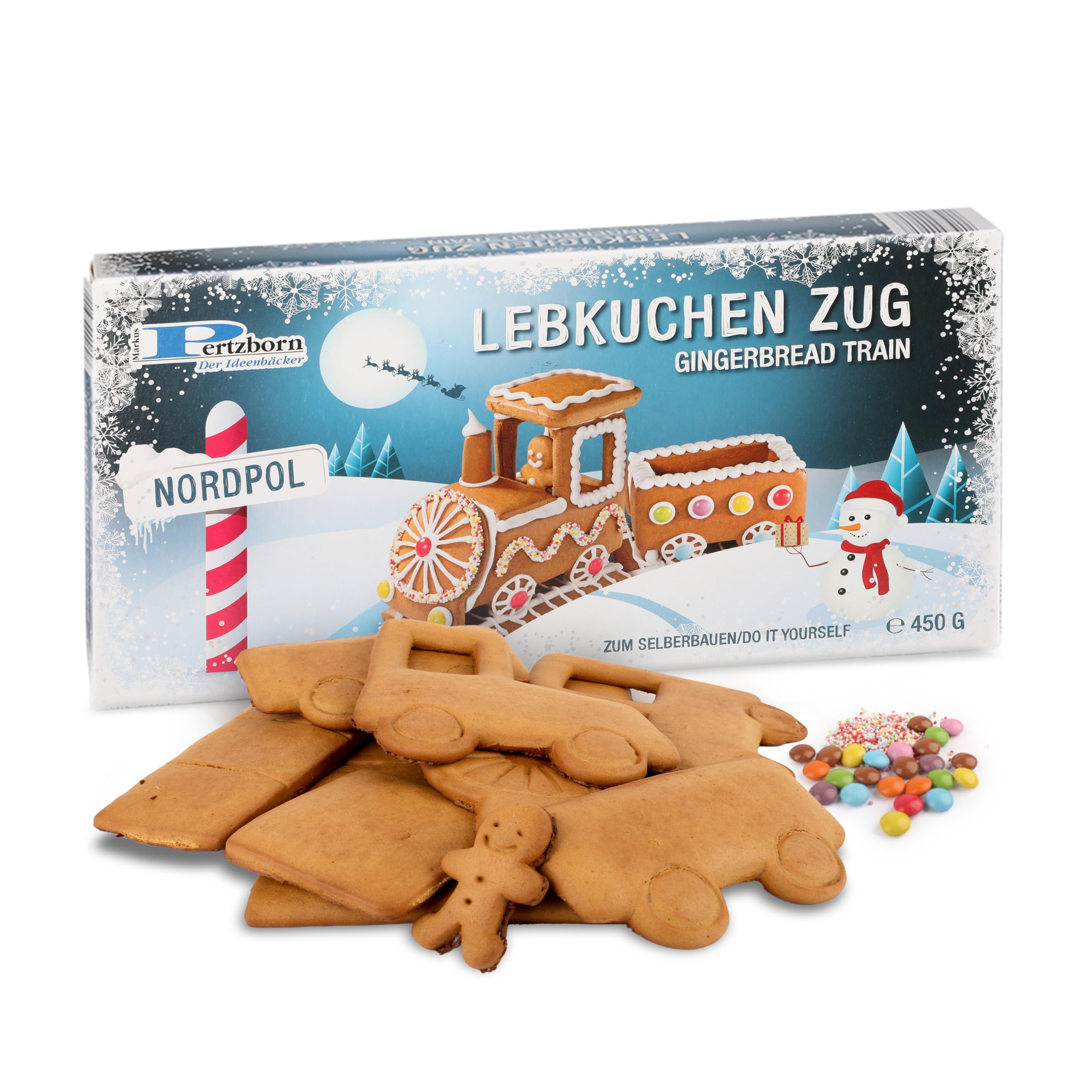 Pertzborn Lebkuchen Zug zum Selberbauen – 450g mit Lokomotive & Wagon – Essbare Weihnachtsdeko mit Schokolinsen und Nonpareilles – Einfache Anleitung für Weihnachtsspaß