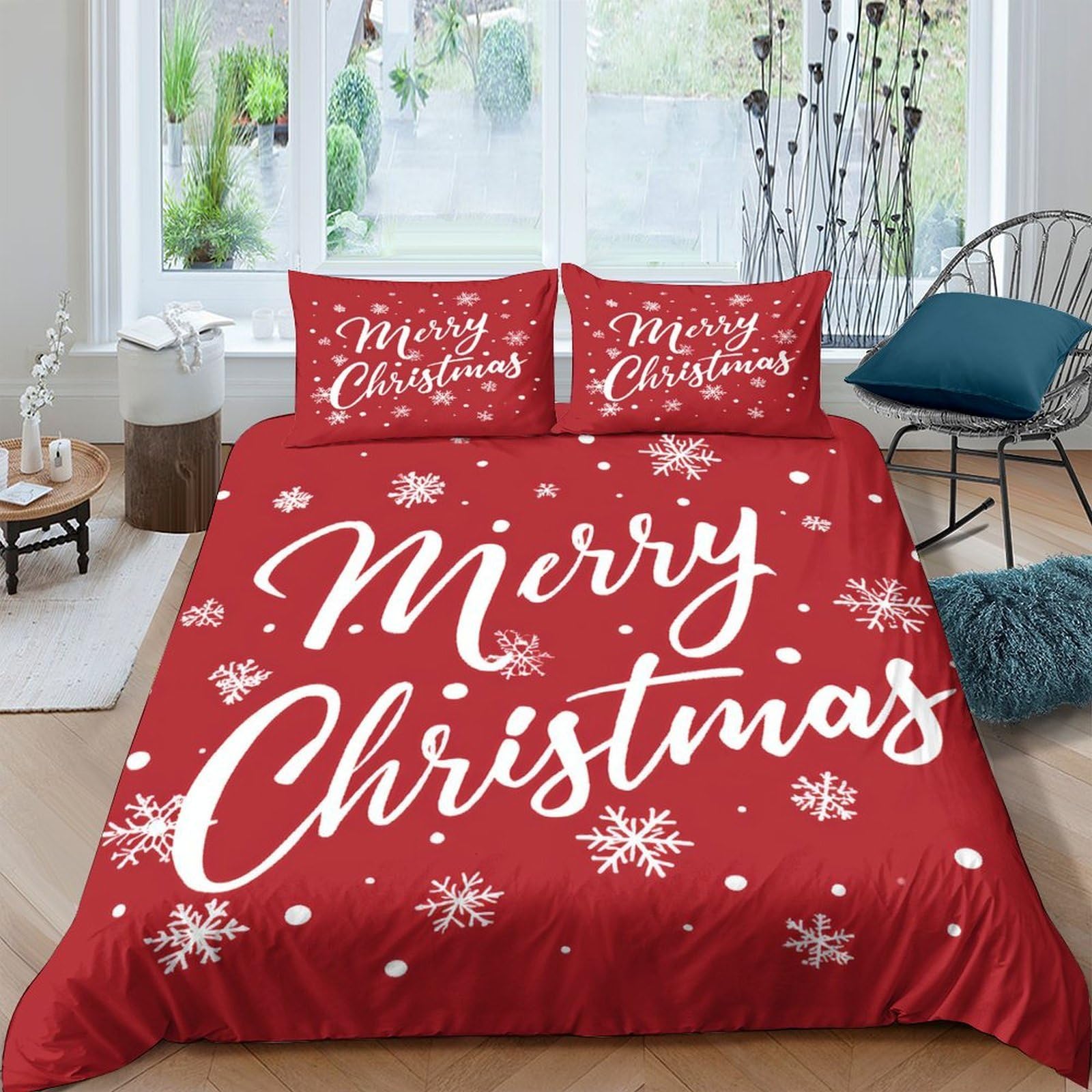 Ctjqhvkz Style-3 3D Printed Red Christmas Snowflake Fitted Sheet Microfiber Soft Festive Lettering Bed Cover For Bedroom Guest Room Decor Single（135X200cm）