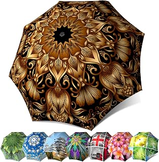 Designer Umbrella Windproof Auto Open Close - Gold Floral Umbrella Art for Women - Fashion Umbrella Stylish Gift - Compact Automatic Rain Umbrella Elegant - Vintage Umbrella Travel Lightweight by LB