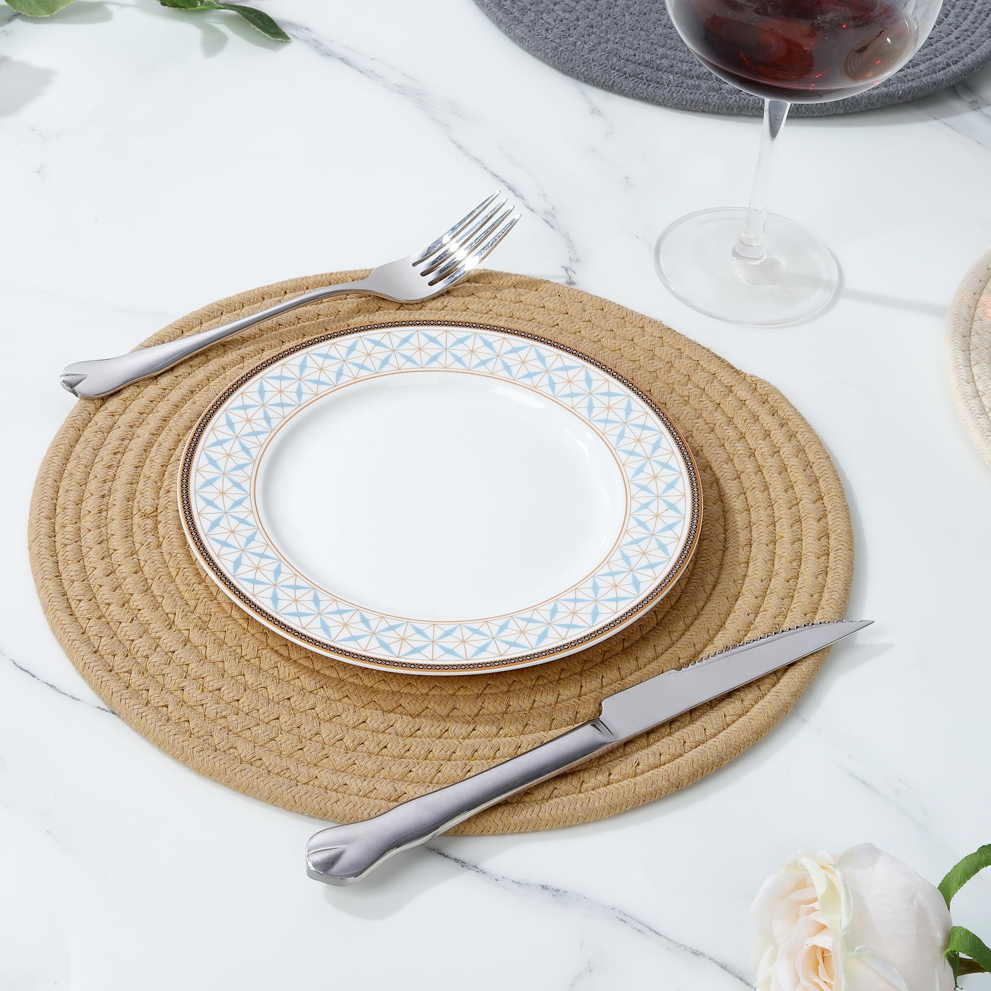 fanquare Set of 4 Placemats, Round Woven Cotton Table Mats, Washable Heat Resistant Non Slip Place Mats - Image 4