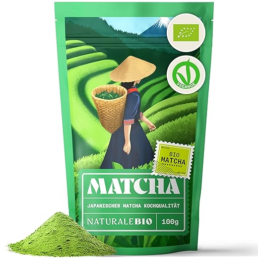 BIO Green Tea Pulver 100g. Zum Kochen und Backen. Originaler japanischer Matcha. Grüner Tee aus Japan, Vegan, Gluten & Gentechnik frei. NaturaleBio. Natürliches Bio-Produkt.