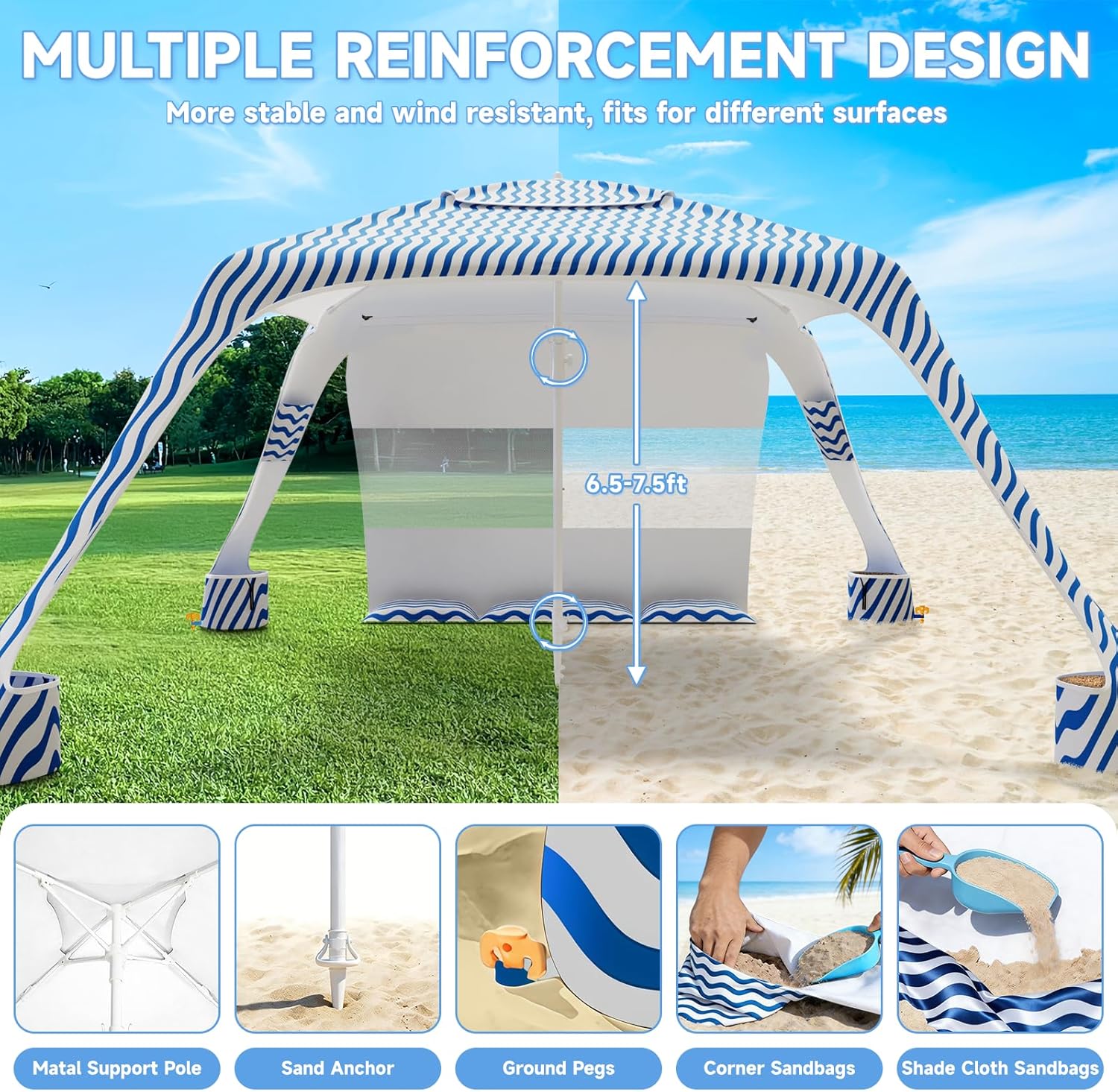 Beach Cabana, 6.5'×6.5' Beach Canopy with UPF50+ Protection, Beach Tent Sun Shelter, Sun Umbrella with Removable Side Wall, Portable Shade Sun Shelter for Beach, Garden, Camping (Wave Pattern)