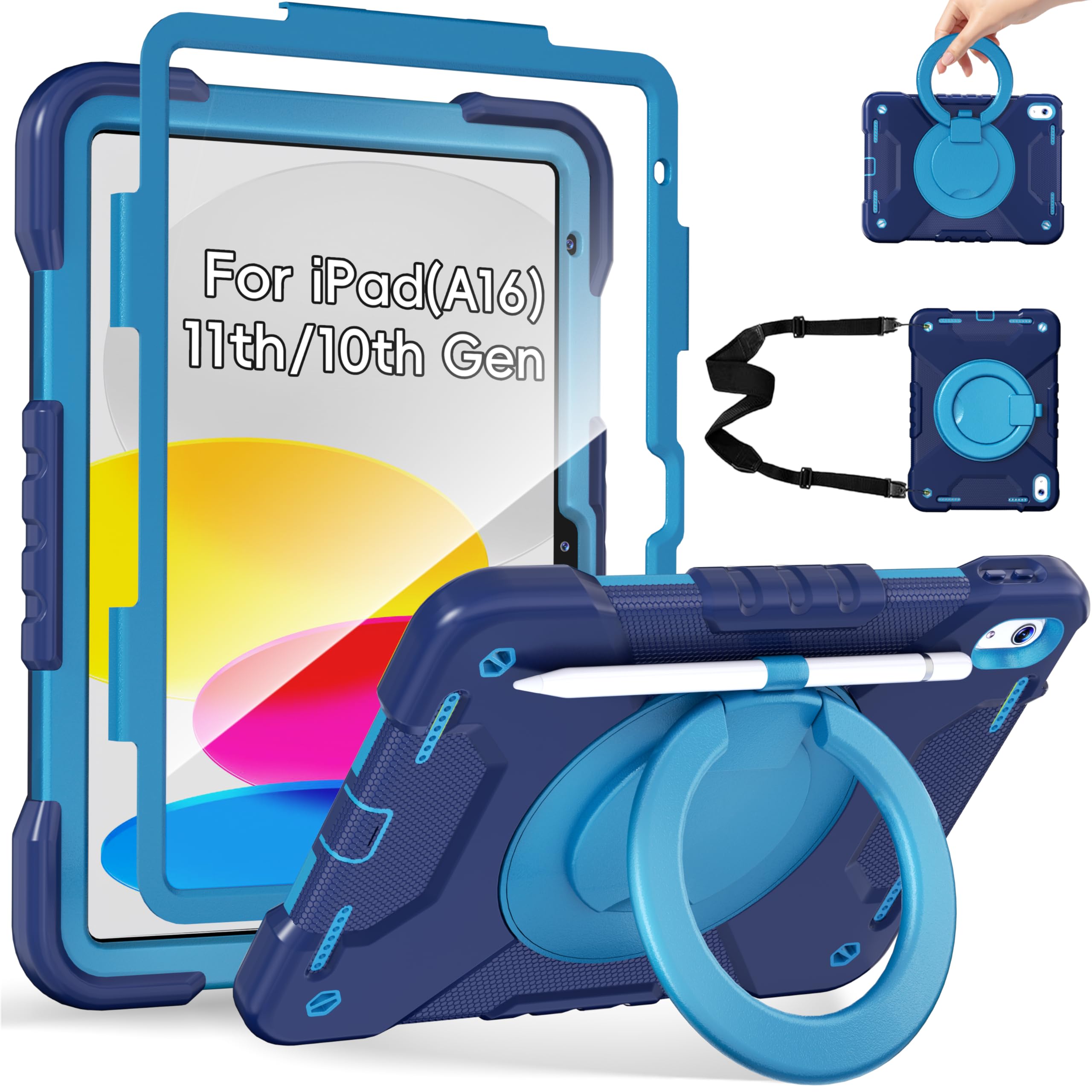 Andnary Case for iPad (A16) 11th Generation 11 inch 2025/10th Generation 10.9 inch 2022, Heavy Duty Shockproof Cover with 360° Rotating Handle/Bracket/Pen Holder/Shoulder Strap, Navy+Blue