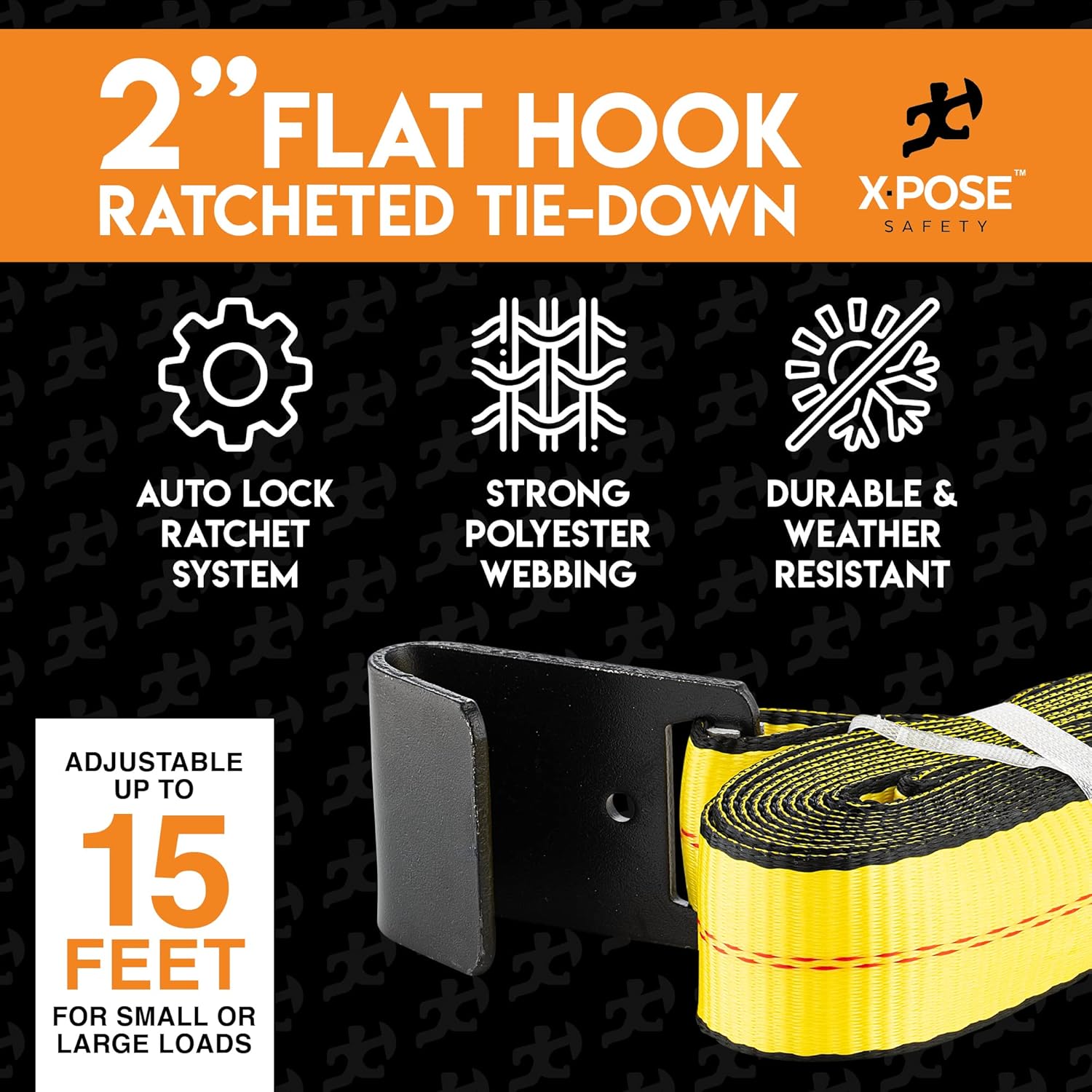 Xpose Safety 1-Pack Retractable Ratchet Straps with Flat Hooks, Heavy Duty 2" x 15', 10,000 lbs Break Strength Tie-Downs for Truck, Trailer, Kayak & Motorcycle 2"/15' 1 Pack