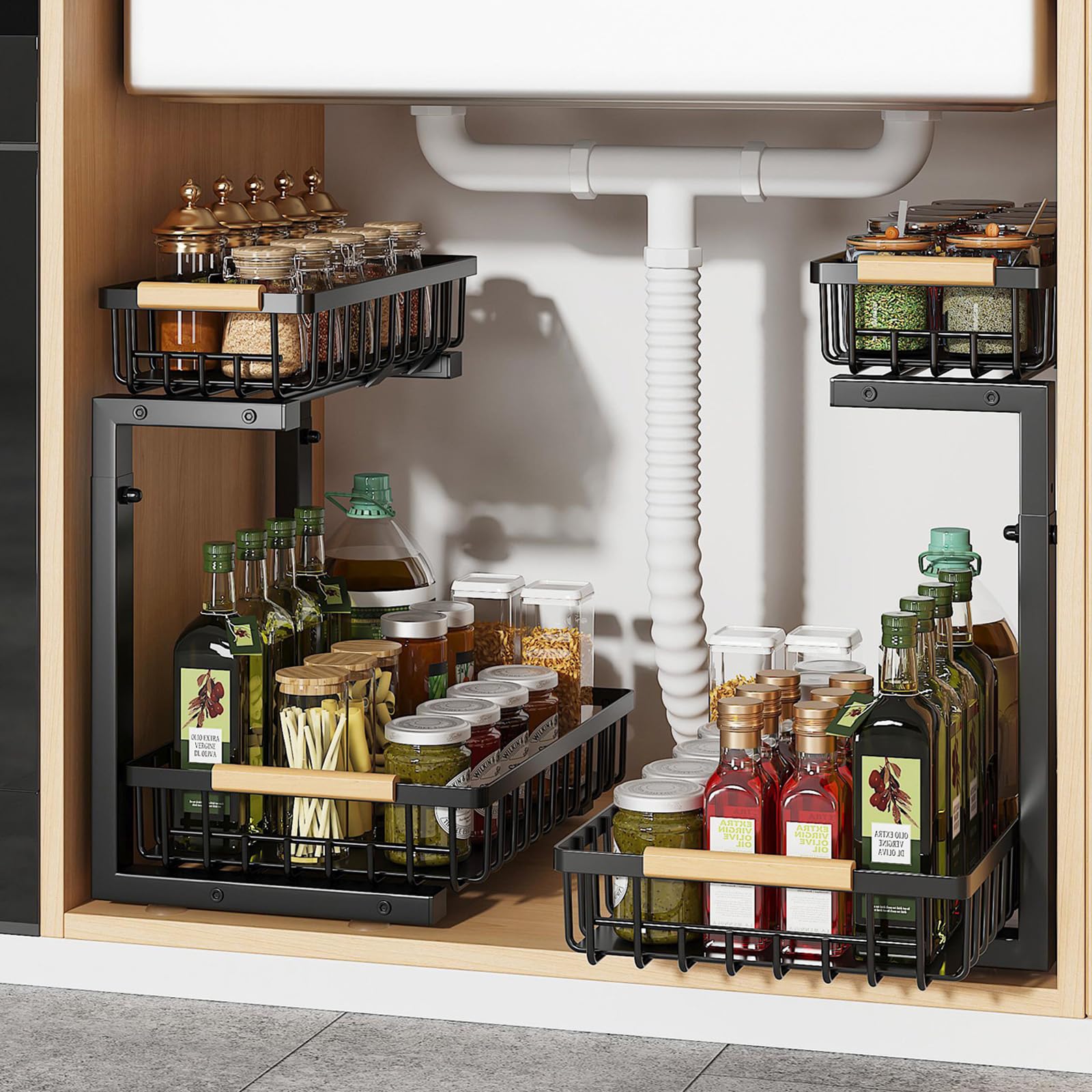 2 Pezzi Organizer Sottolavello a 2 Livelli Regolabile in Altezza Organizzatore Sotto Lavello Metallo Scorrevoli Cassetti Scaffale Estraibile per Cucina Bagno (Nero, confezione da 2)