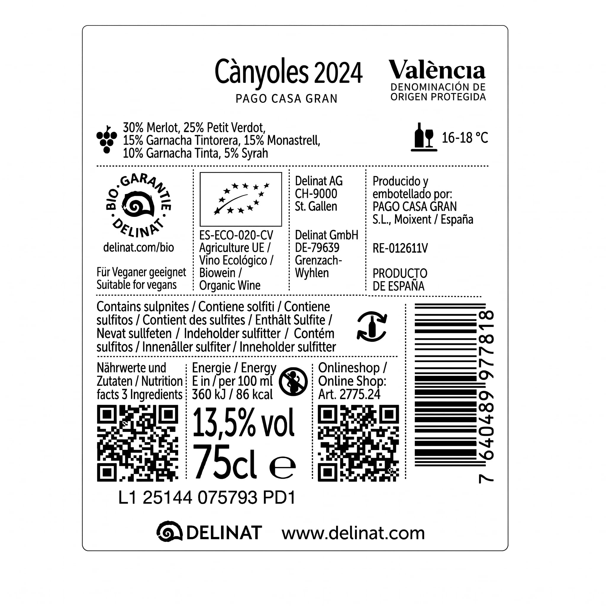 DELINAT Cànyoles 2024 – Spanischer Bio-Rotwein lieblich aus Valencia | Vegane Cuvée aus Merlot, Petit Verdot und Garnacha Tintorera, fruchtig, säurearm und Vegan 6 x 0,75l