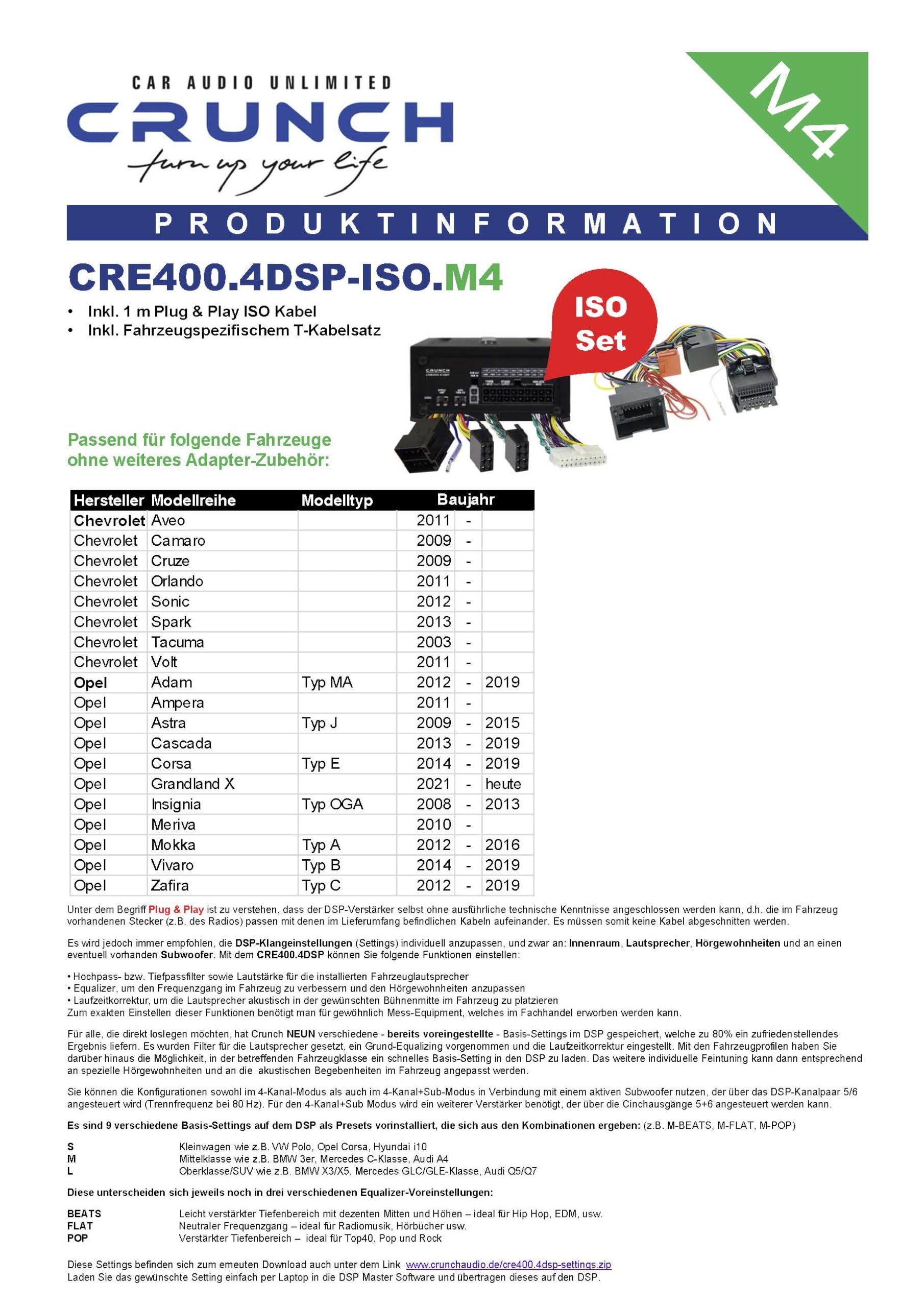 CRUNCH CRE400.4DSP-ISO.M4-4 CH CLASS A/B wzmacniacz samochodowy – kompatybilny z Opel – 4 x 50 W RMS i 6 CH 32 Bit DSP – zintegrowany Bluetooth do Steamingu audio i aplikacji