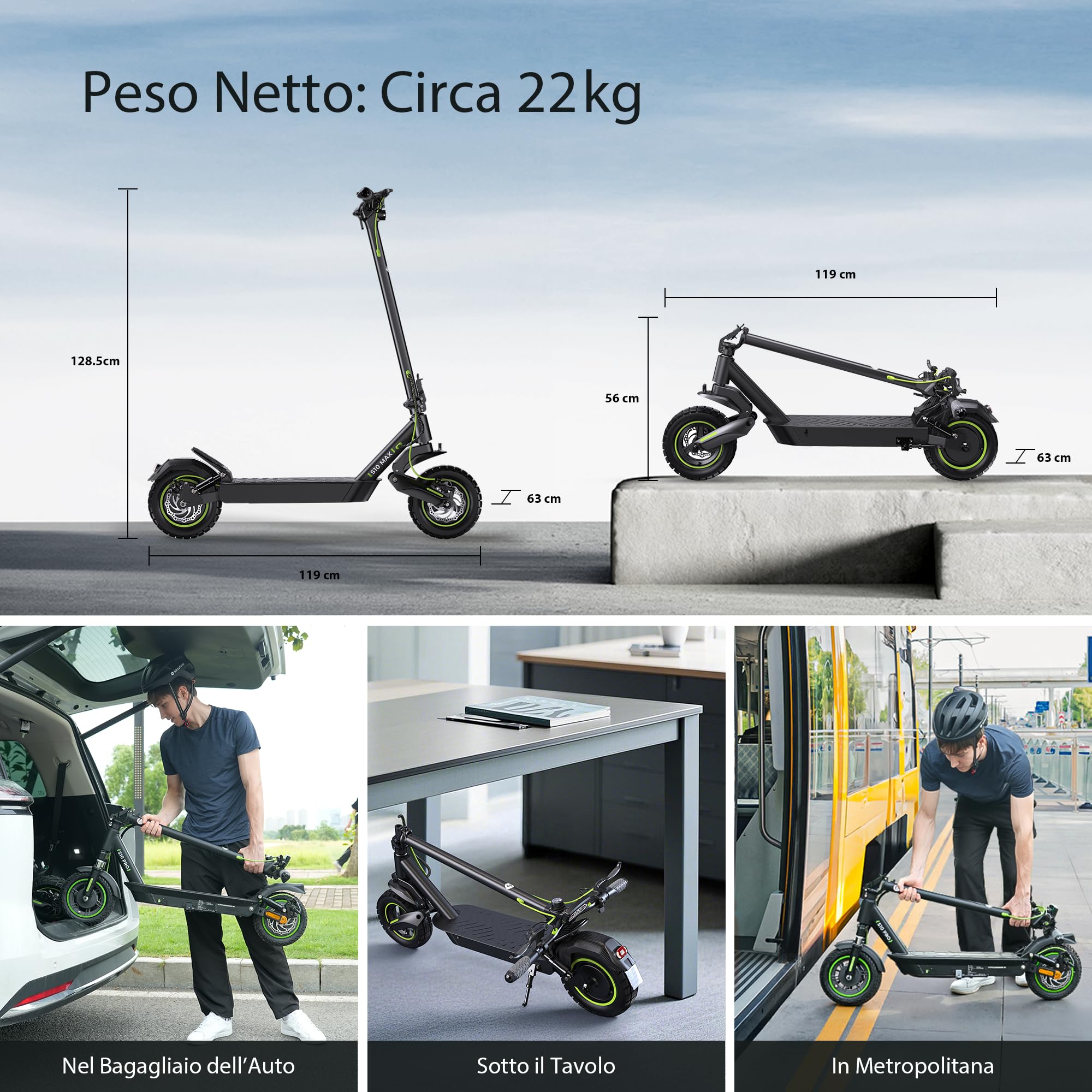 isinwheel S10MAX Monopattino Elettrico Adulti, Batteria 54,6V 15Ah, Autonomia Fino 60 km, Pneumatici Fuoristrada da 10", Doppia Sospensione a Braccio Oscillante, Display LED, APP, Pieghevole con Borsa