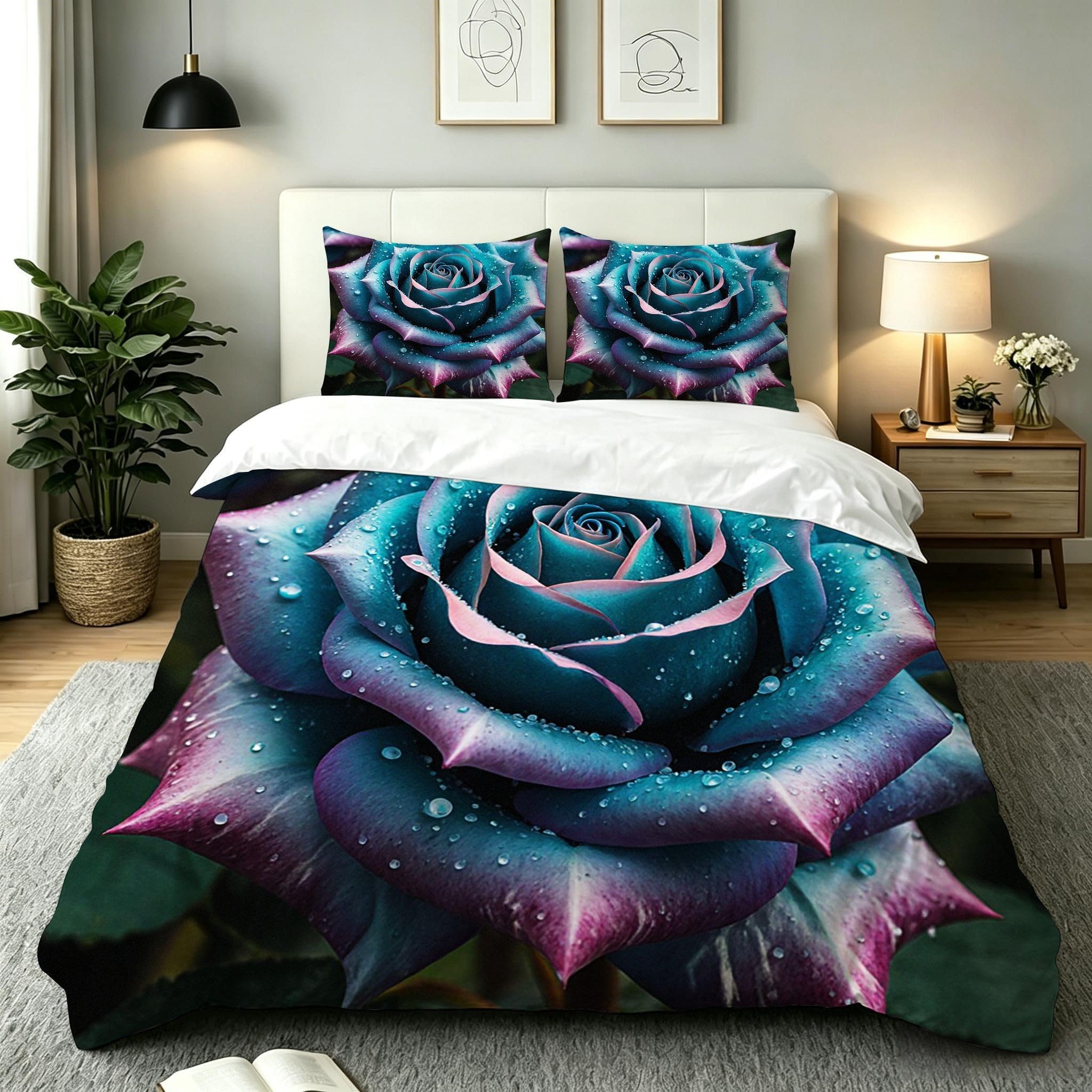 Housse de couette 240x260 rose et bleue pour lit double avec taies d'oreiller