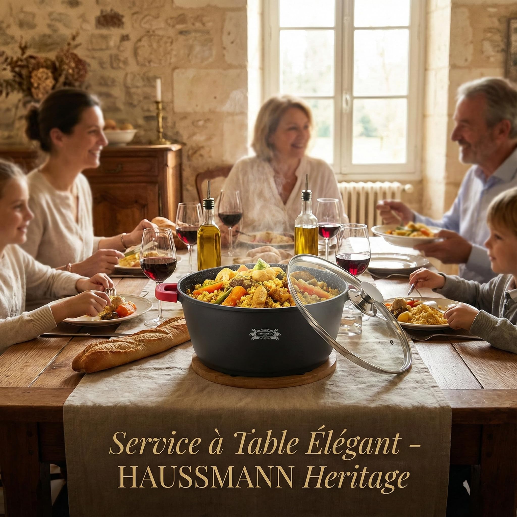 HAUSSMANN Heritage Marmite Faitout 32cm 9.4L – Fonte d'Aluminium Revêtement Pierre Antiadhésif – Compatible Induction & Four – Couvercle Verre & Poignées Silicone – Sans PFOA – Design Français