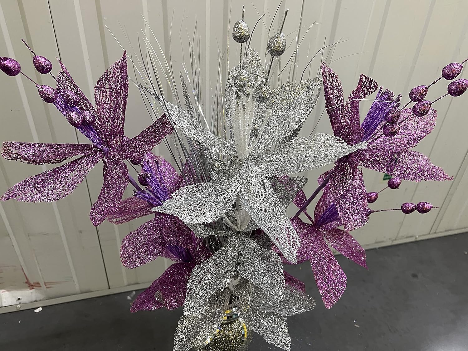 JAYOGLA Artificial Glitter Silk Flower Bunch, 35 cm, for Vase, Home, Garden, Office Decoration (Purple + Silver, 30cm)