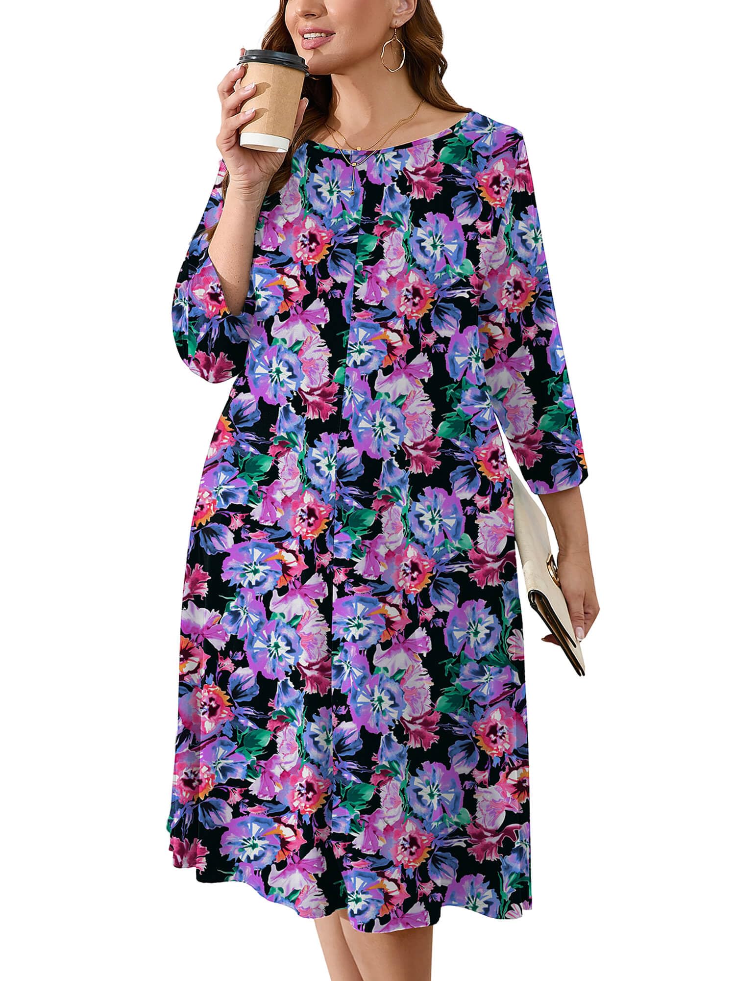 AusLook Women's Plus Midi Dresses Crew Neck A Line 3/4 Sleeves Casual Elegant Loose Wedding Vacation Dress with Pockets