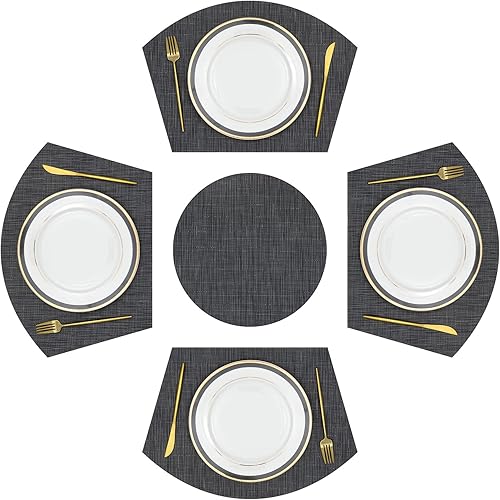 SHACOS Juego de 5 manteles individuales en forma de cuña con centro de mesa, mesa redonda, tamaño grande, lavables, reversibles, duraderos, color