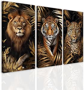 Wild Animal Wall Art Set of 3 Canvas Prints - Lion, Tiger, Leopard - Framed Decor for Living Room, Bedroom, Office (8"x16"x3)