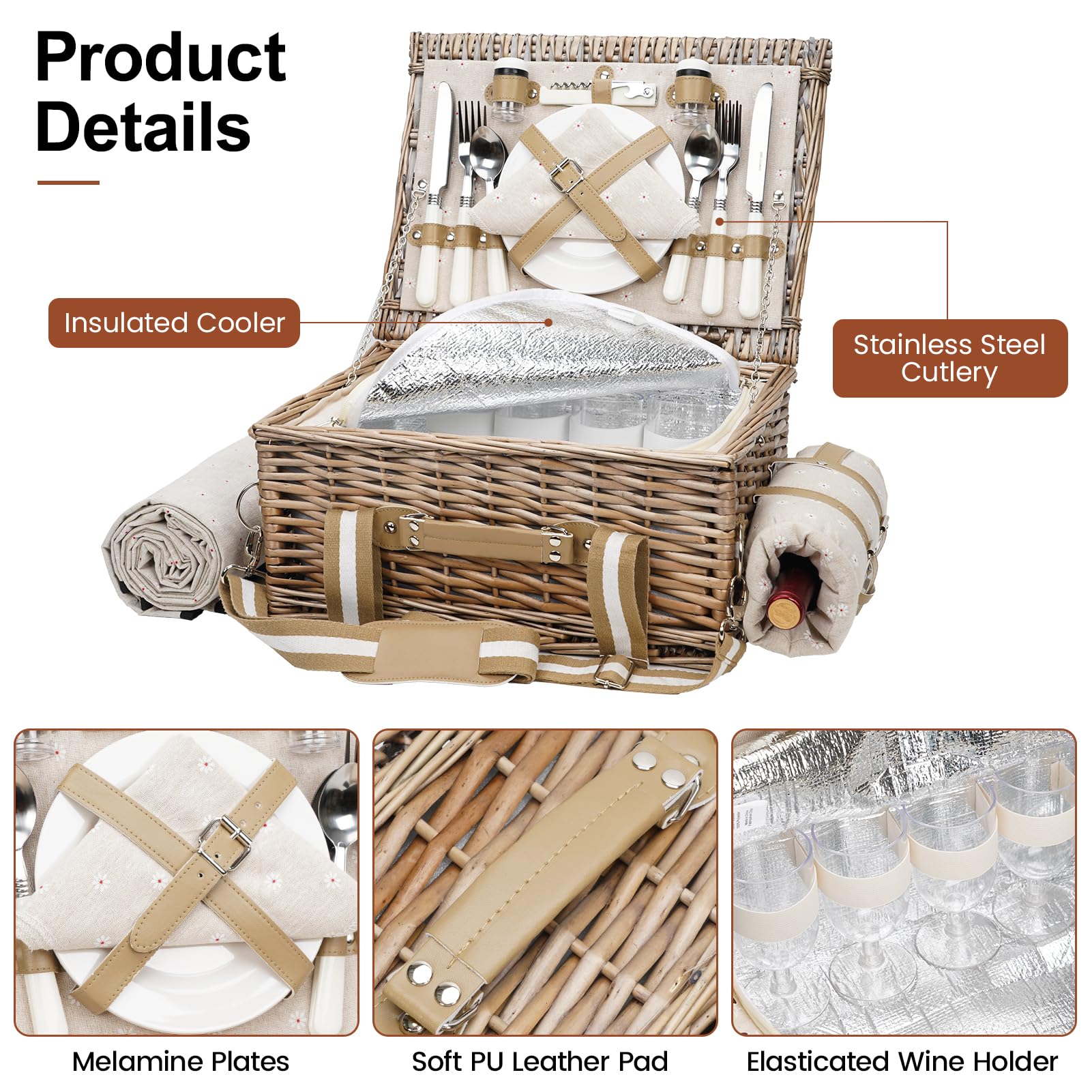 G GOOD GAIN Picknickkorb für 4 Personen – Weiden-Picknick-Set mit wasserdichter Decke und Weintasche, großer Picknickkorb mit isoliertem Kühler und Besteck-Set für Paare, Camping, weiße Blume, 40,6 x