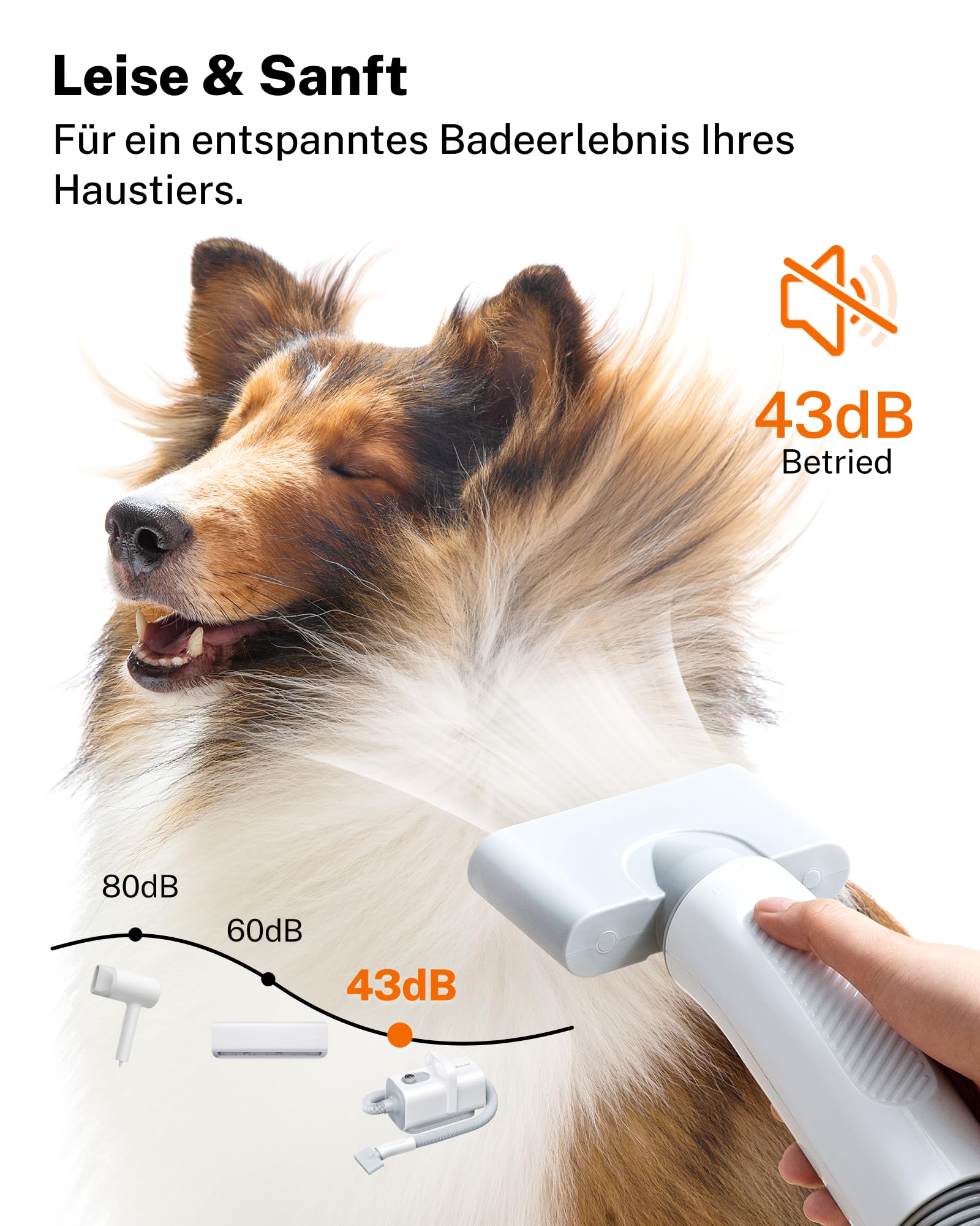 HomeRunPet Hundefön Ultraleiser 43dB,120m/s Schnelltrocknend,Blower Hund 99 Einstellbare Einstellungen für Geschwindigkeit & Temperatur,3-in-1Verschiedenen Düsen,Überhitzungsschutz über 60℃