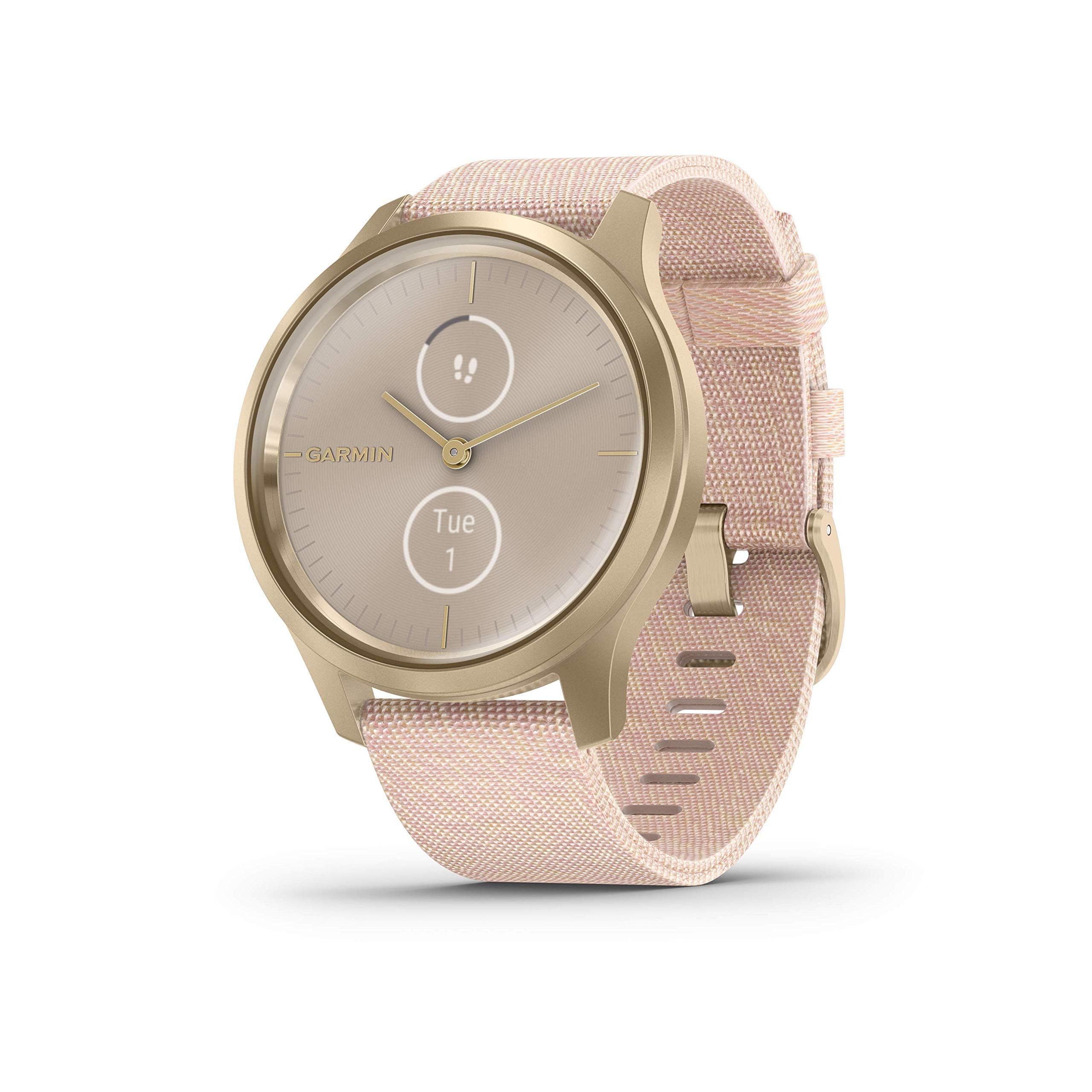 Garmin Vivomove Style Hybrid Smartwatch with Real Watch Hands and Hidden Colour Touchscreen Display, Blush Pink Nylon with Light Gold Hardware, m