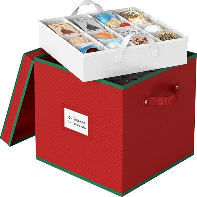 Simple Houseware Heavy-Duty Large Christmas Ornament Storage Box with Adjustable Dividers, Stores up to 128 Ornaments, Zipper Lid, Red