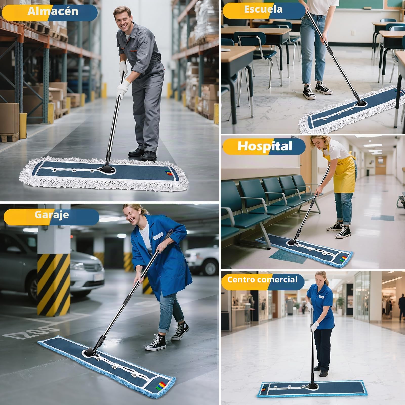 MASTERTOP - Mopa comercial, 107 cm, resistente, mango largo de 132 cm, industrial, grande, madera dura, azulejos, laminado, garaje, escuela, centro comercial, 1 almohadilla de algodón, 1 de microfibra
