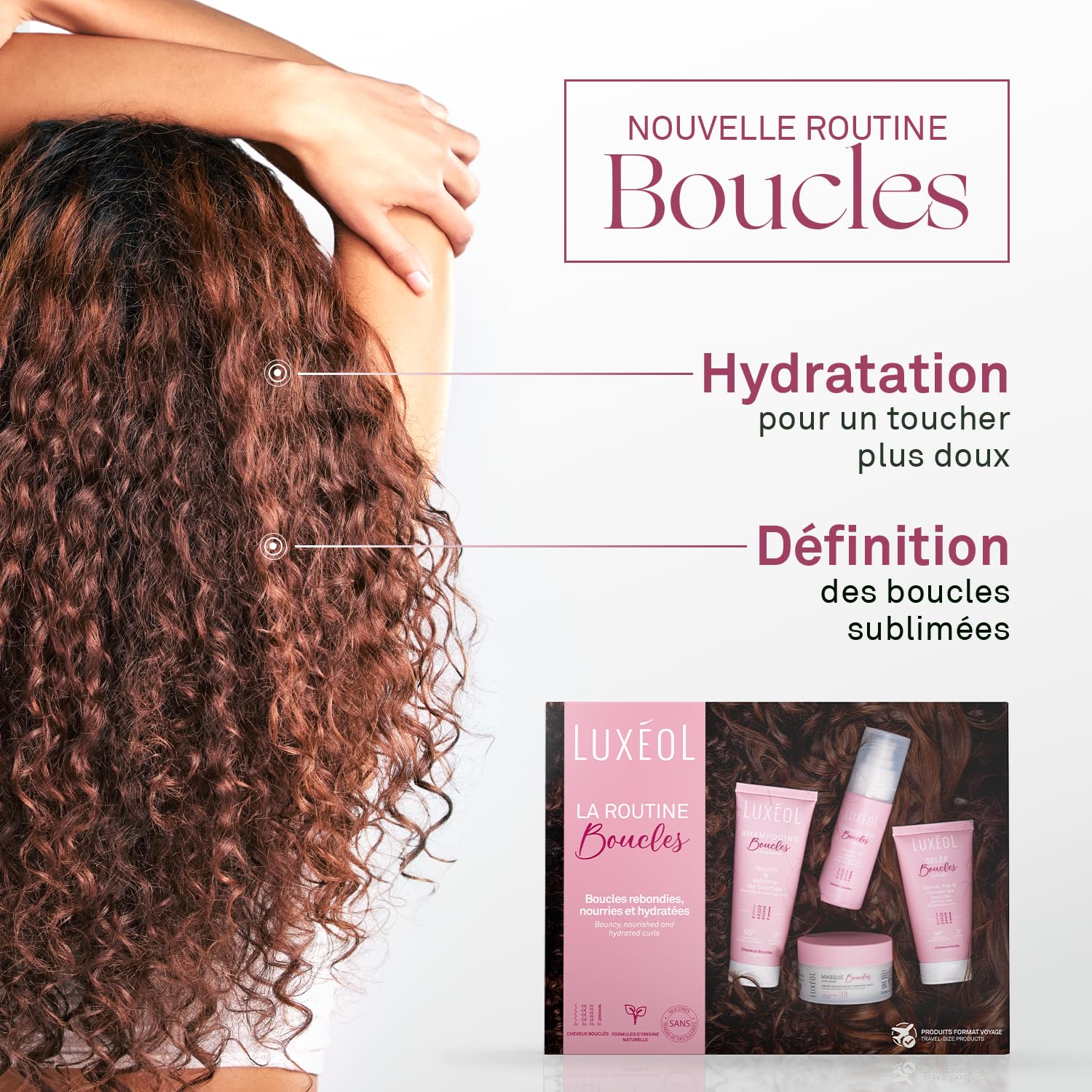 LUXEOL - Routine Cheveux Bouclés - Format Voyage - Sublime Les Boucles - Limite les Frisottis - Parfum Gourmand - Shampooing 75ml + Masque 50ml + Crème De Soin 50ml + Gelée 50ml