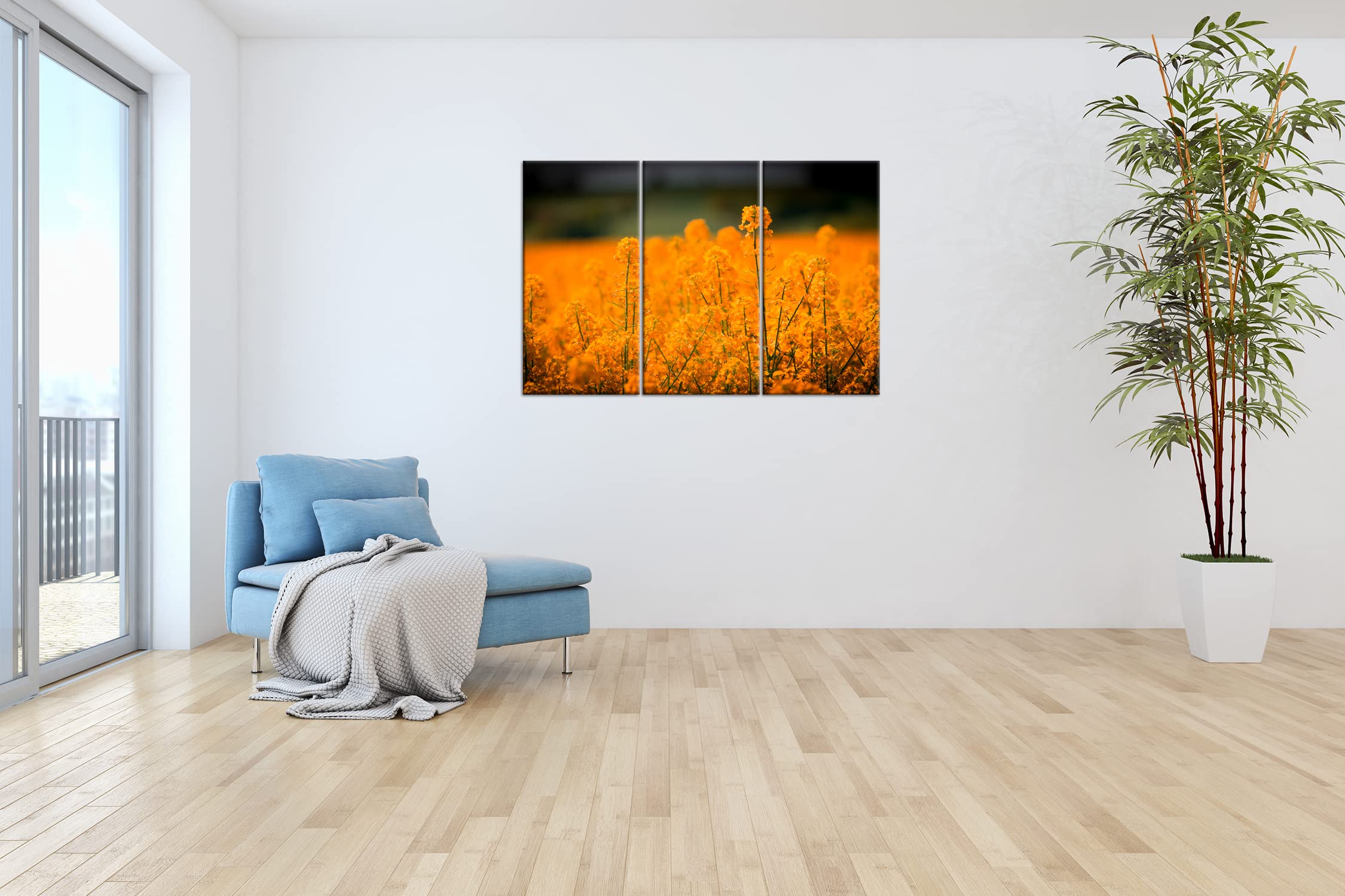 Large Champ de Colza comme Impression sur toile Motif montée sur cadre en bois véritable, Impression numérique de qualité avec cadre, pas poster ou Affiche, Toile, Dreiteilig (120x80)