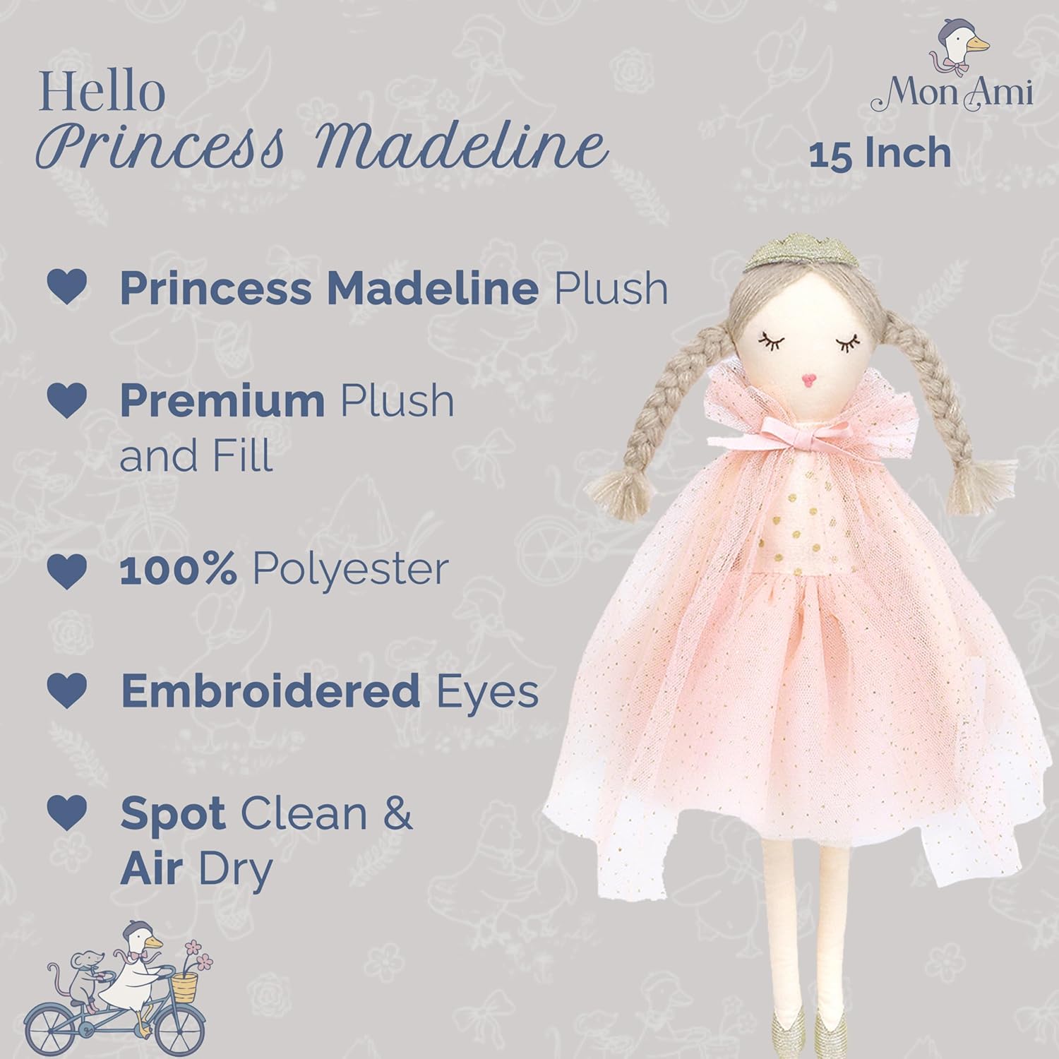 MON AMI Princess Madeline Stuffed Doll – 15-Inch Plush Doll for Girls | Soft & Cuddly Royal Princess Toy | Ideal for Play & Room Décor for Kids of All Ages - Image 2