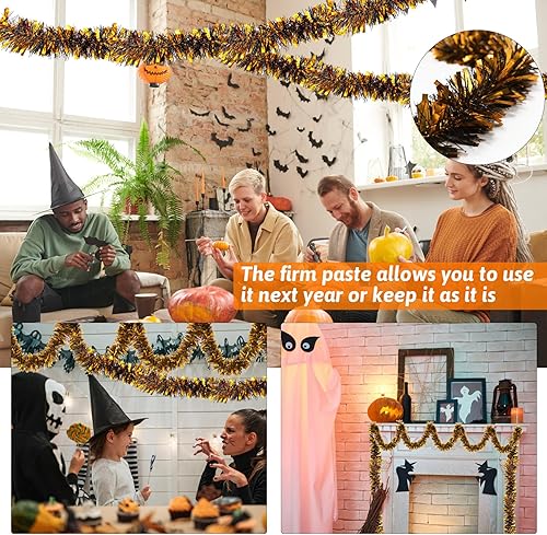 Miniatura 4 de Bimkole 5 guirnaldas de oropel de Halloween, 5 unidades, 33 pies, color negro y naranja brillante, guirnalda metálica para colgar en fiestas de