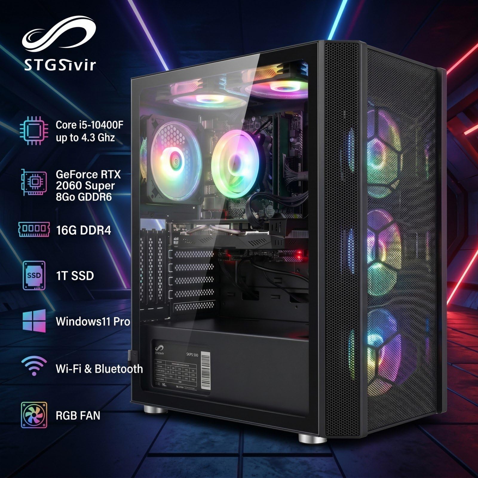STGsivir Gaming PC, Core i1-10400F, RTX 2060 Super 8G, 1T SSD | Gaming Computer für Streaming,Videobearbeitung,Hausaufgaben, bis zu 4.3 GHz, WLAN 6, BT 5.0, 4K,HDMI,DP, Win11 Pro, ARGB