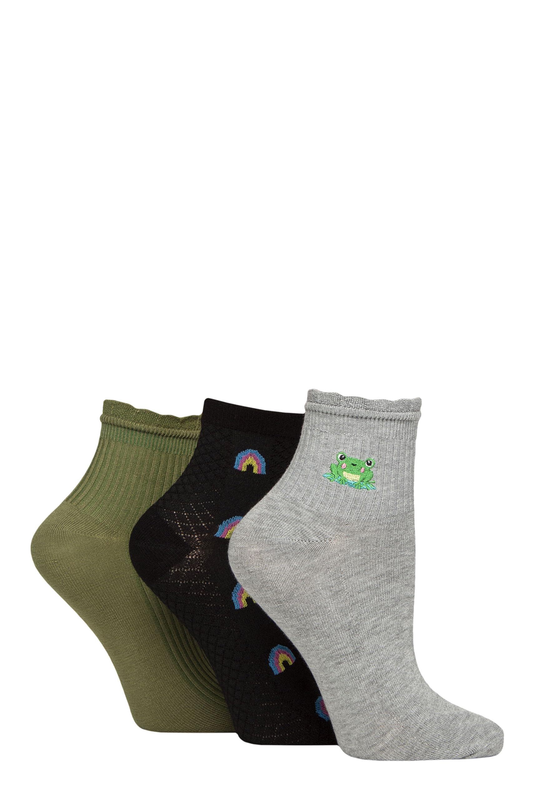 ELLE Ladies Bamboo Anklet Socks –3 Pack, Frill Cuff, Embroidered Motifs, Ribbed & Textured Weaves, Soft Breathable Cooling Material, Size 4–8 (UK, Numeric, 4, 8, Regular, Regular, Frog)