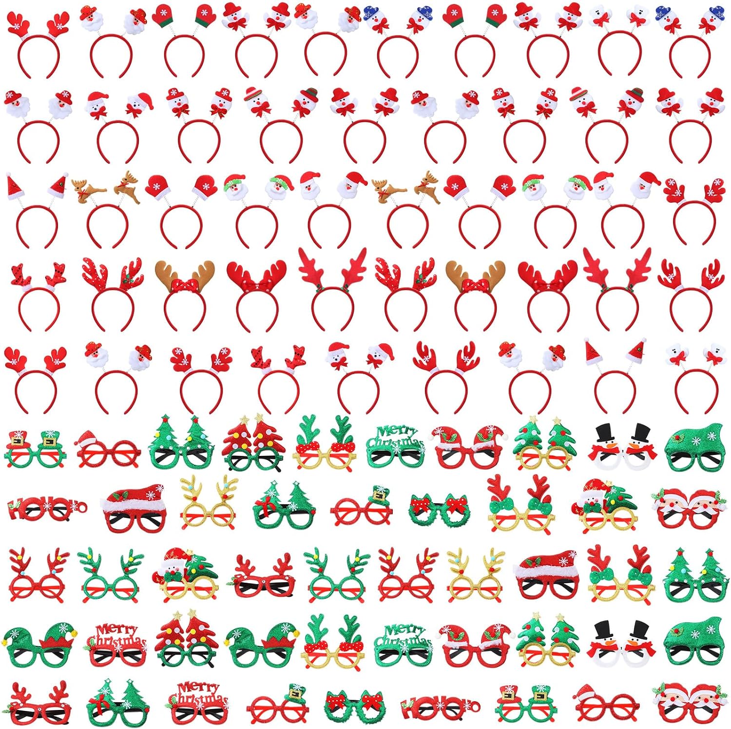 Riceshoot 96 Pcs Christmas Glasses Frame Holiday Headband Set 48 Glitter Eyeglasses 48 Christmas Headband Cute Exquisite Santa Decoration Accessories for Women Adult Party Xmas Gift