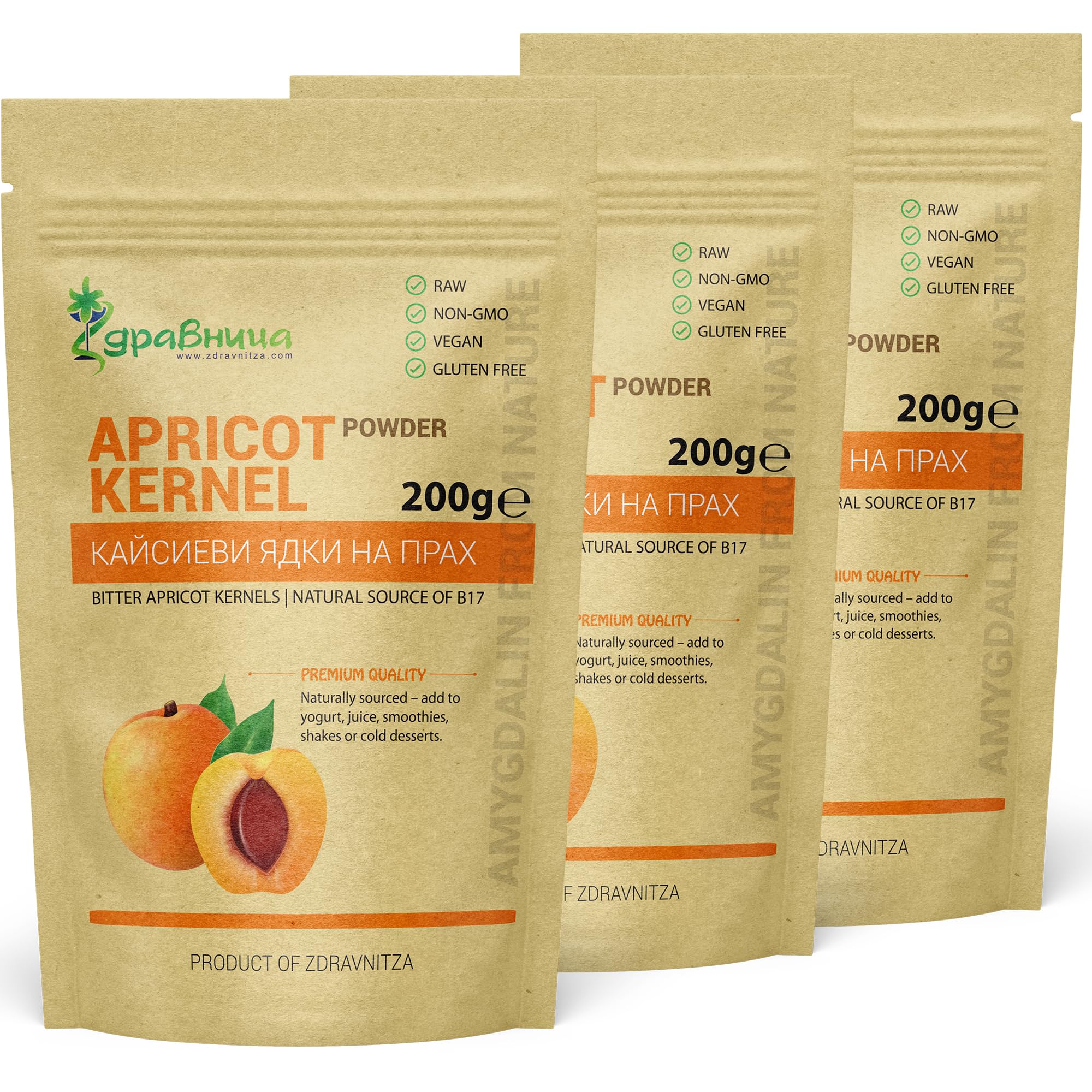 Polvere di nocciolo di albicocca amaro - 200 g - Superfood naturale – Senza glutine - Vegano - Zdravnitza (3 confezioni - 600 g (3×200 g))