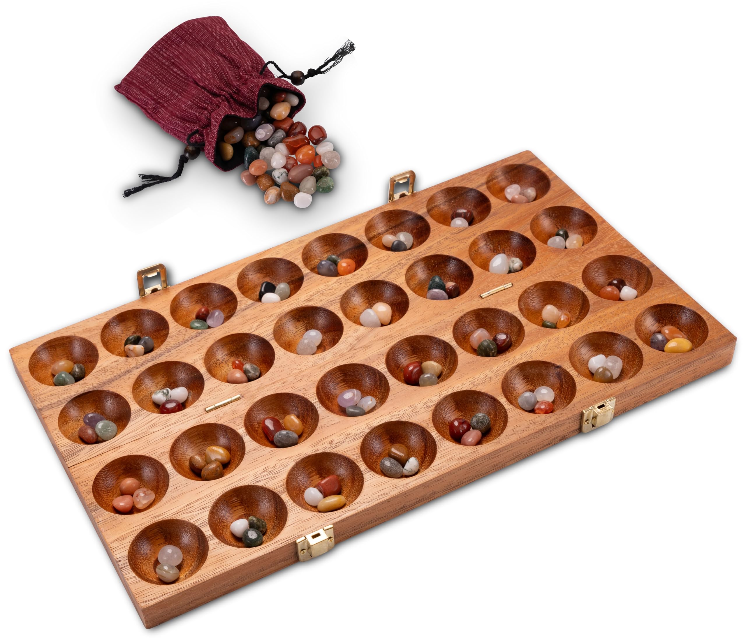 LOGOPLAY Hus Spiel mit Metallverschlüssen – für 2 Spieler – Bao – Kalaha – Mancala - inkl. Edelsteinen