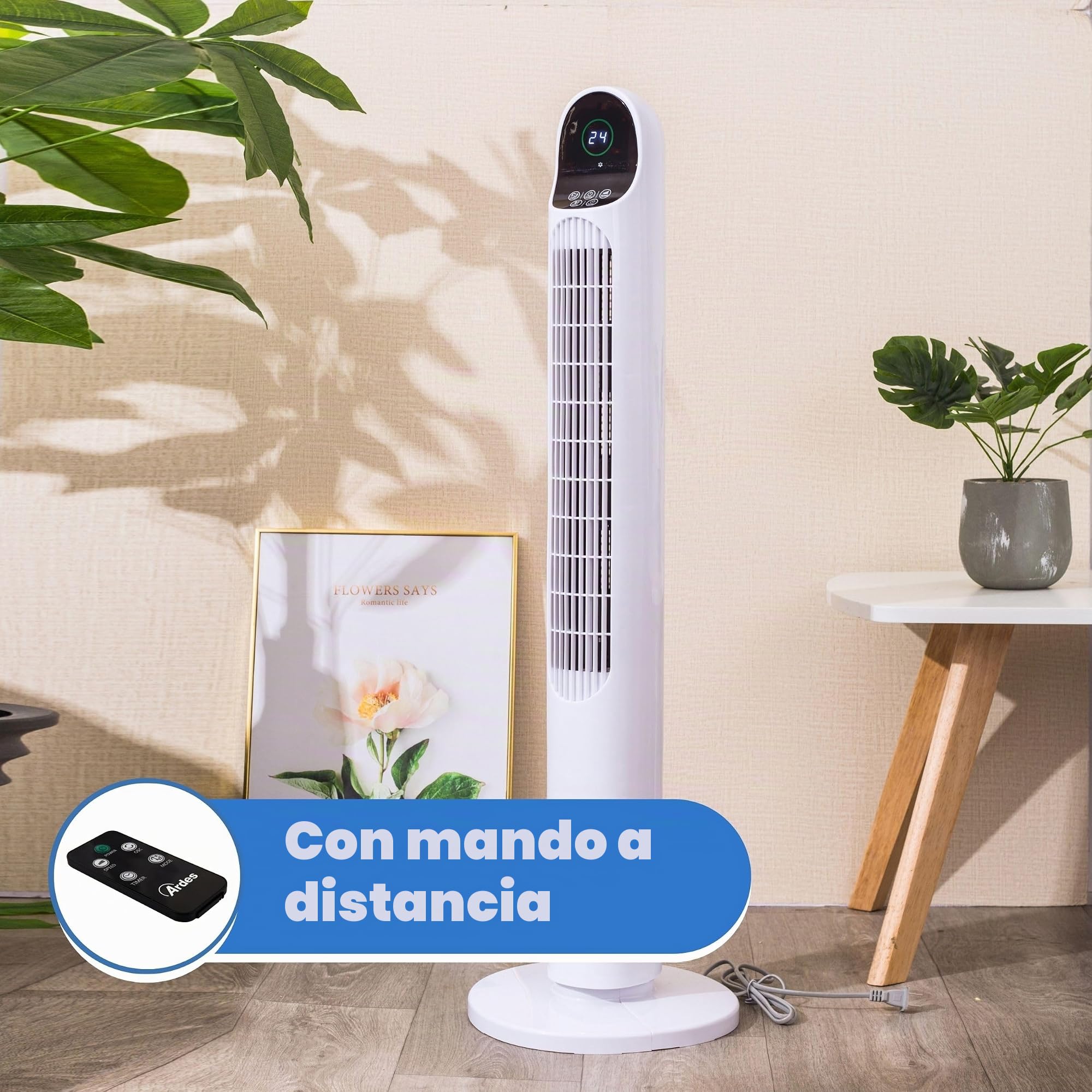 ARDES Ventilador en Columna Altura Torre 100 cm de Oscilación Automática con Telemando y Panel de Control Digital con 3 Intensidades y Temporizador Ventilador Torre Blanco AR5T1000