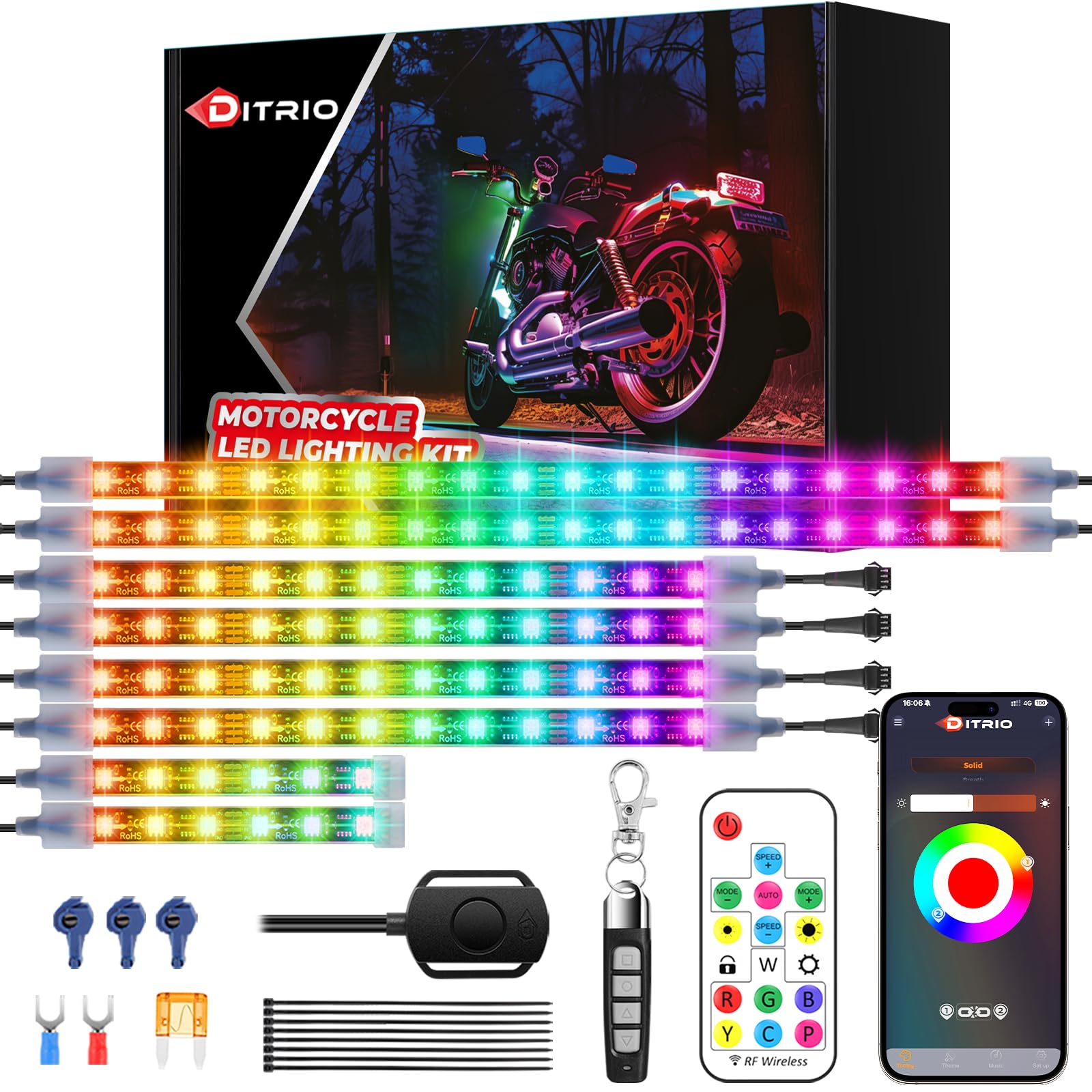 8Pcs Motorcycle Led Underglow Kit with Brake Turn Signal, Motorcycle RGB Lights with DITRIO APP/RF Remote Control, Dual Zone,12V Waterproof Pixelglow Effects for Motorcycles, Golf Carts, ATVs, UTVs