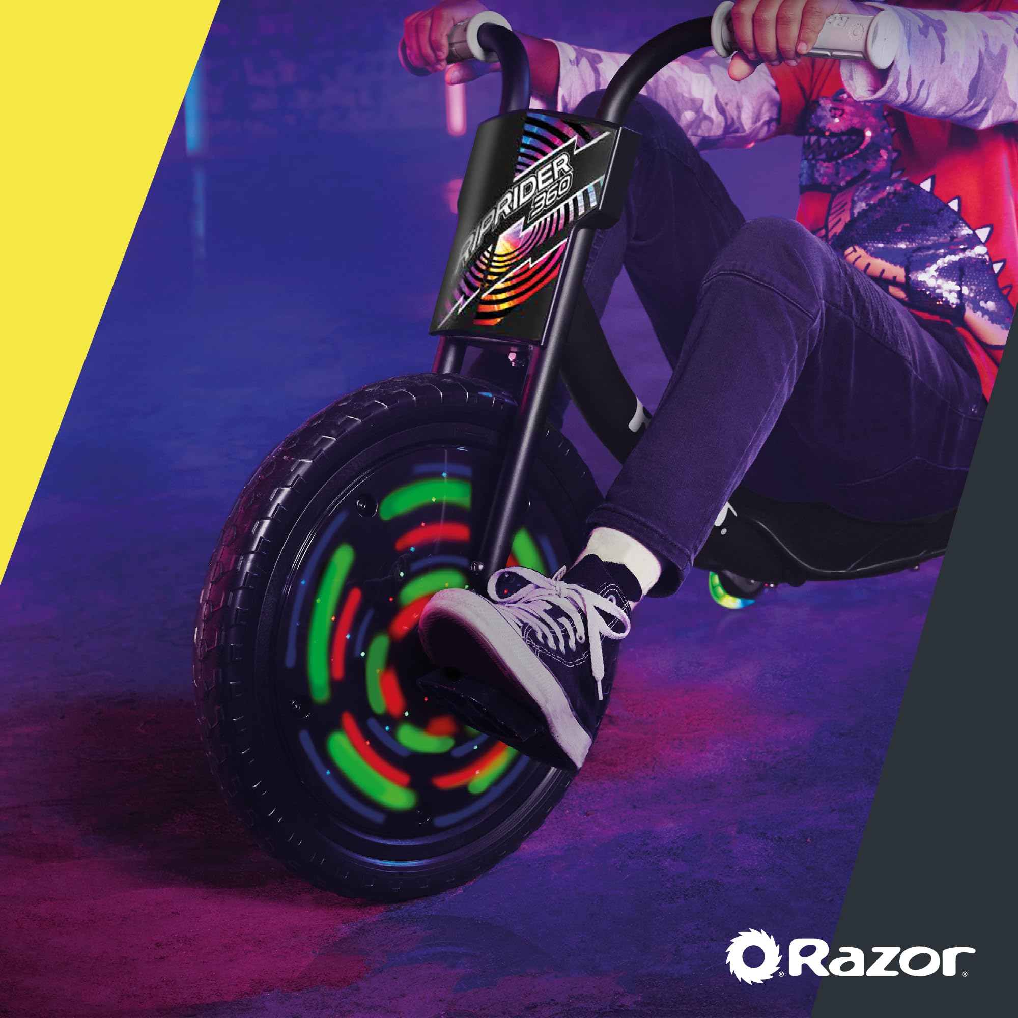 Razor RipRider 360 Lightshow -Trike mit hinteren Rollen und mit bewegungsaktivierten mehrfarbigen Lichtern, Drifting Ride auf 3 Rädern - für Kinder ab 5 Jahren