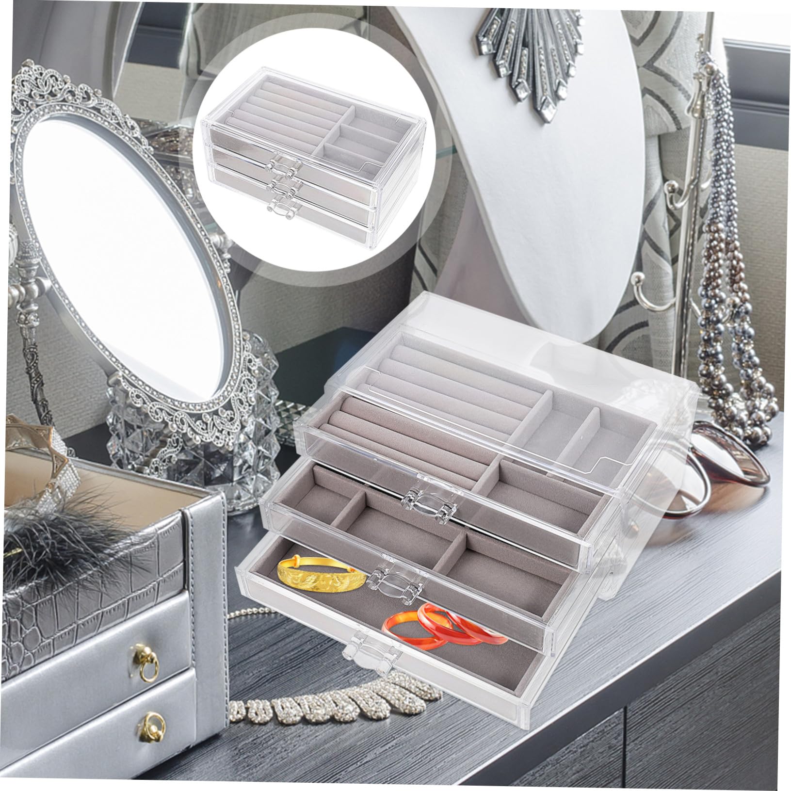 FRCOLOR Scatola Organizer per Gioielli da Armadio Multiuso 3 Cassetti Divisori in Plastica Salvaspazio per Piccoli Oggetti e Accessori in Camera da Letto
