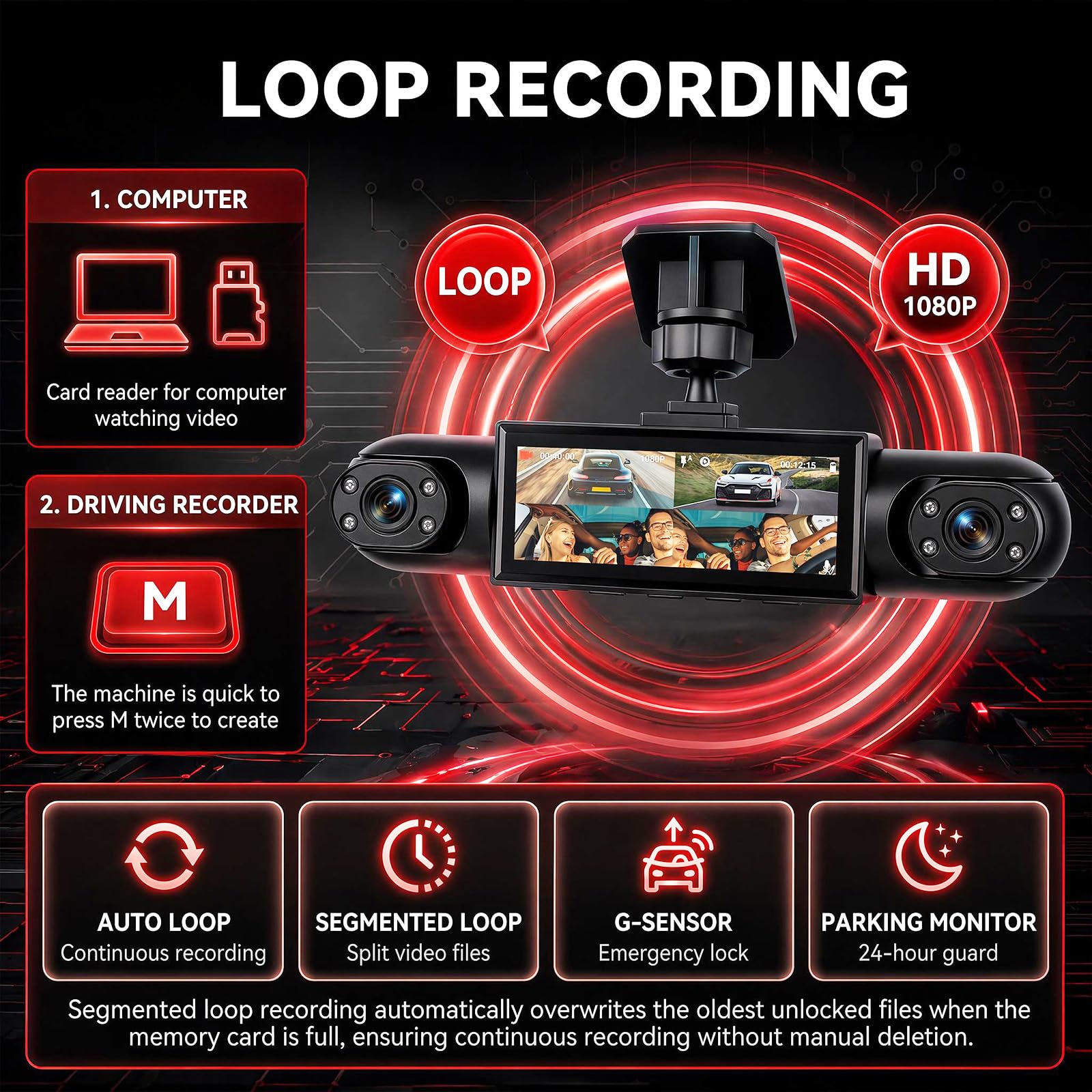 Rimoody Dash Cam Auto 4 kamery samochodowe, kamera Dashcam 3,16 cala, zintegrowana noktowizor, wyczuwanie ruchu, tryb parkowania 24/7, obsługa cofania pamięci 64 GB
