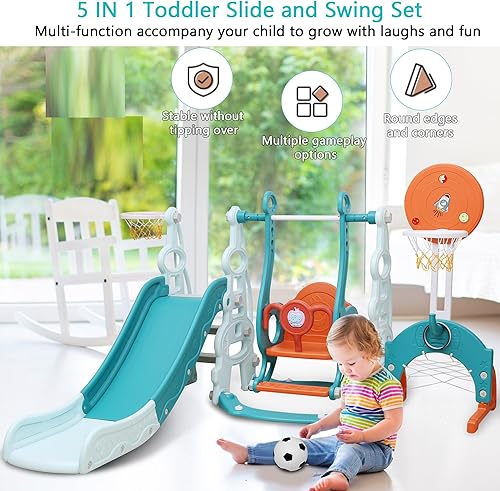 Miniatura 3 de Juego de tobogán y columpio 5 en 1 para niños pequeños, parque infantil interior con columpio de seguridad, aro de baloncesto y red de fútbol,