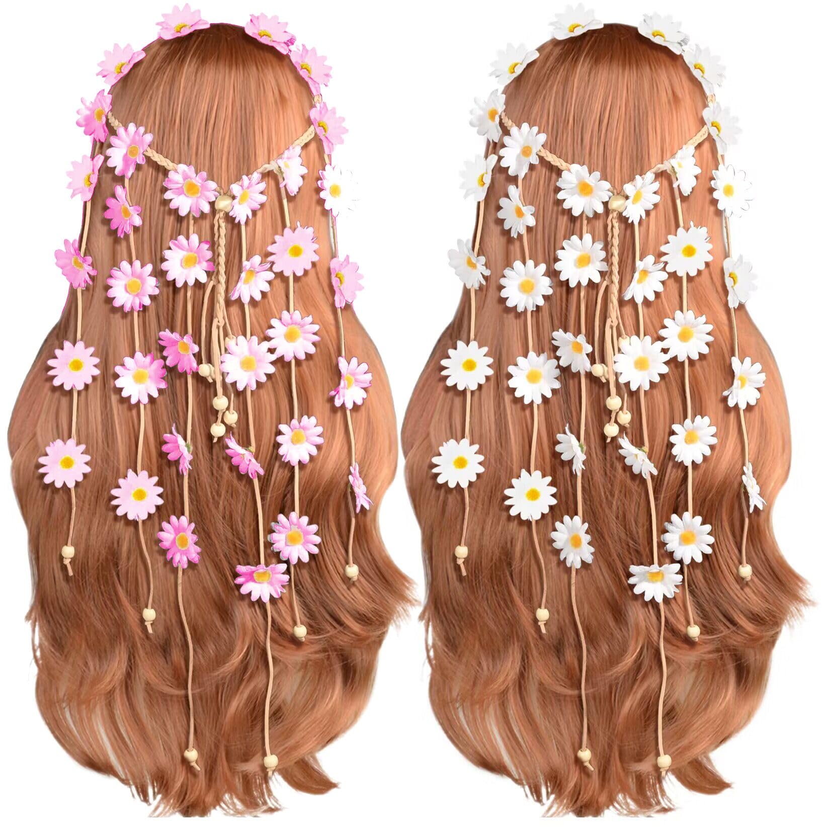 Sucrain 2pcs Flower Hippie Headband Floral Crown Summer Sunflower Hair Accessories for 70 s Bohemian Costumes Style for Women(White+Pink)