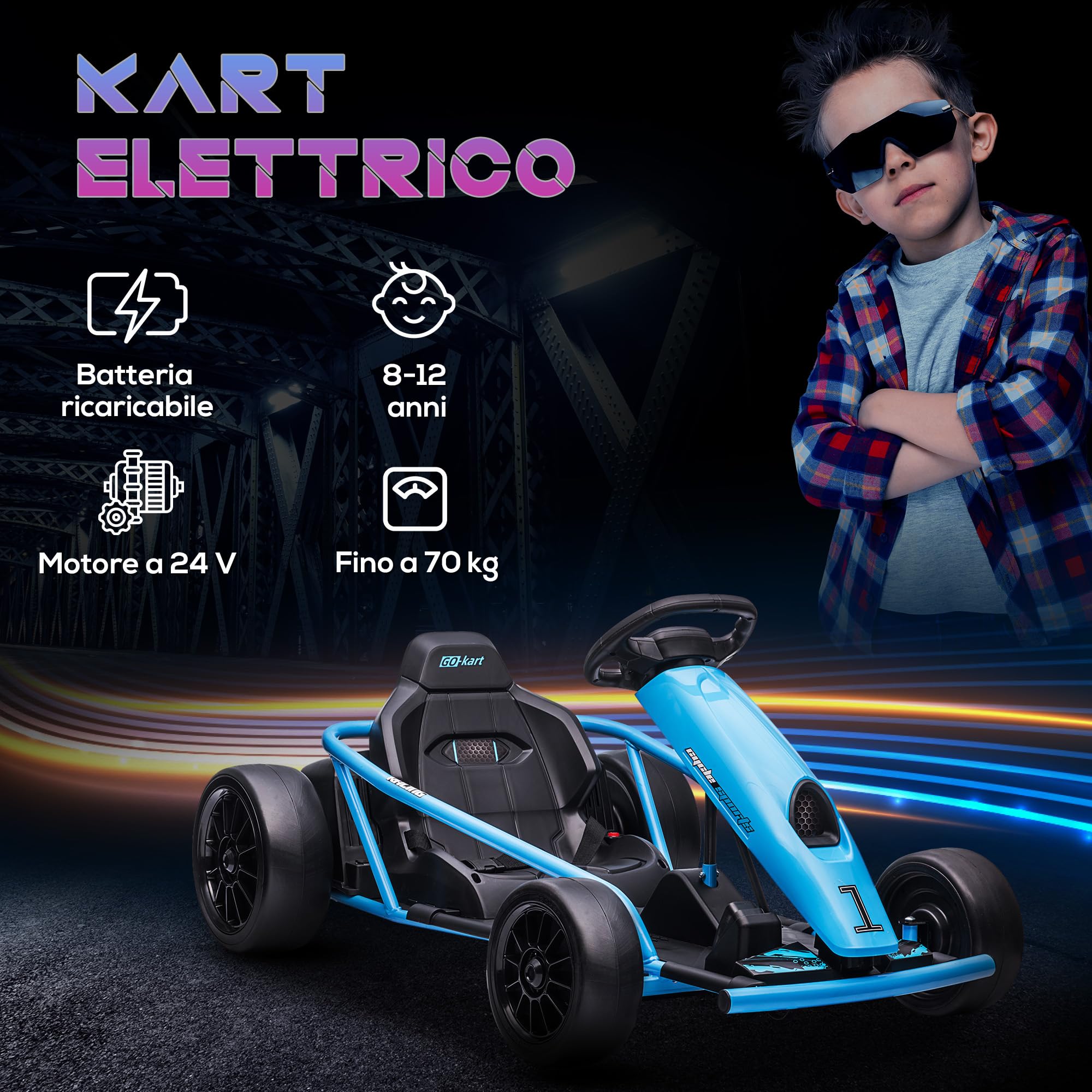 HOMCOM Go Kart Elettrico per Bambini 8-12 Anni 24V 6-13km/h Blu e Nero