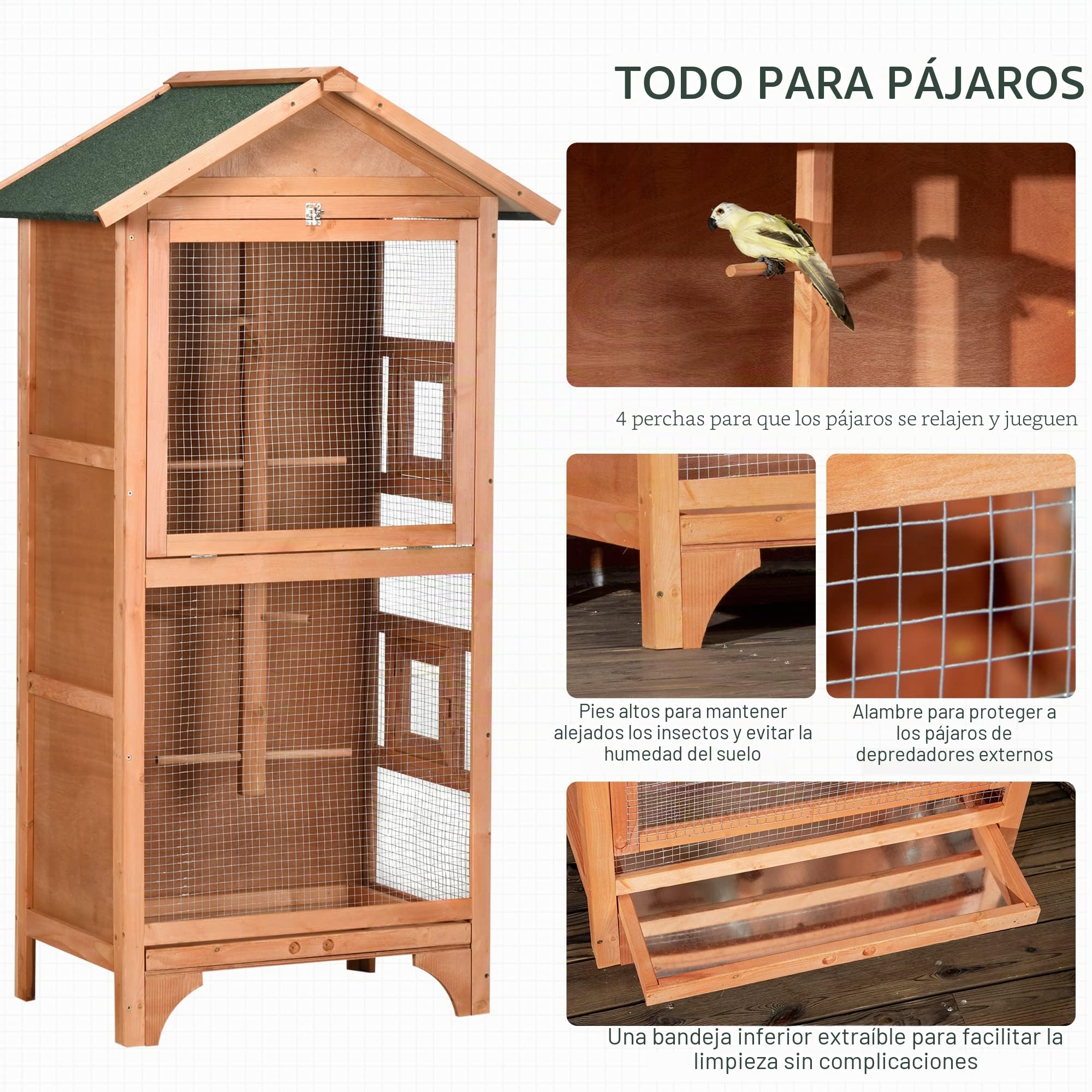 PawHut Jaula para Pájaros de Madera con 3 Puertas 80,5x57x153 cm Natural | 4 Perchas, Bandeja Extraíble, Techo Asfáltico