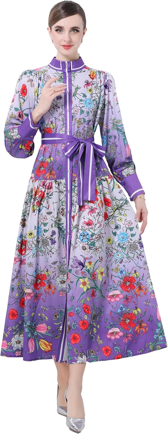 LAI MENG FIVE CATS Women's Vintage Floral Print Long Lantern Sleeve Button Up Loose Fit Party Maxi Dress