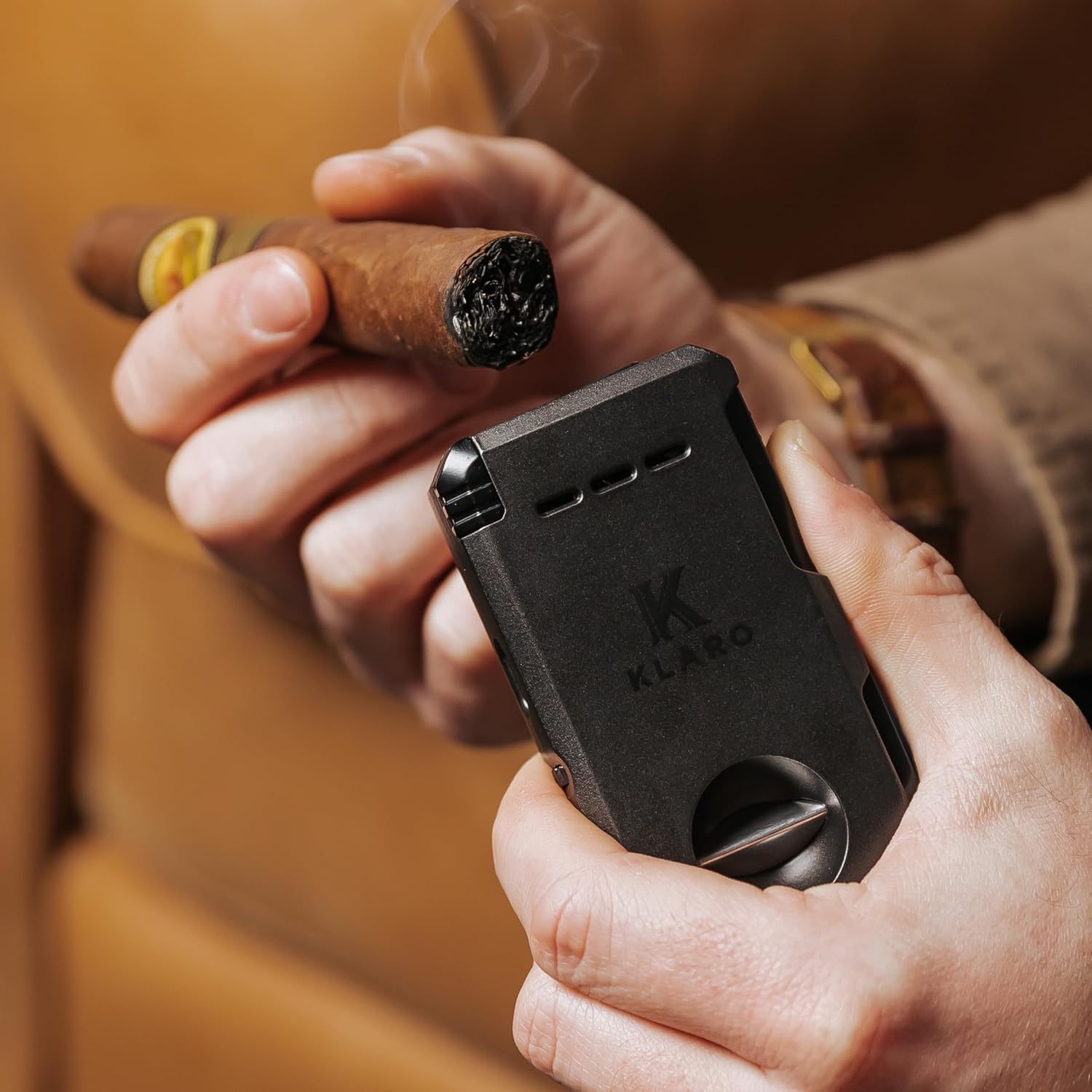 KLARO Double Torch Lighter and V-Cut Cutter, Spring-Loaded V-Cut, Swivel Protective Flame Cover, Hidden Poker, Gift-Ready with Silicone Sleeve, Black Finish, Lighter for Men