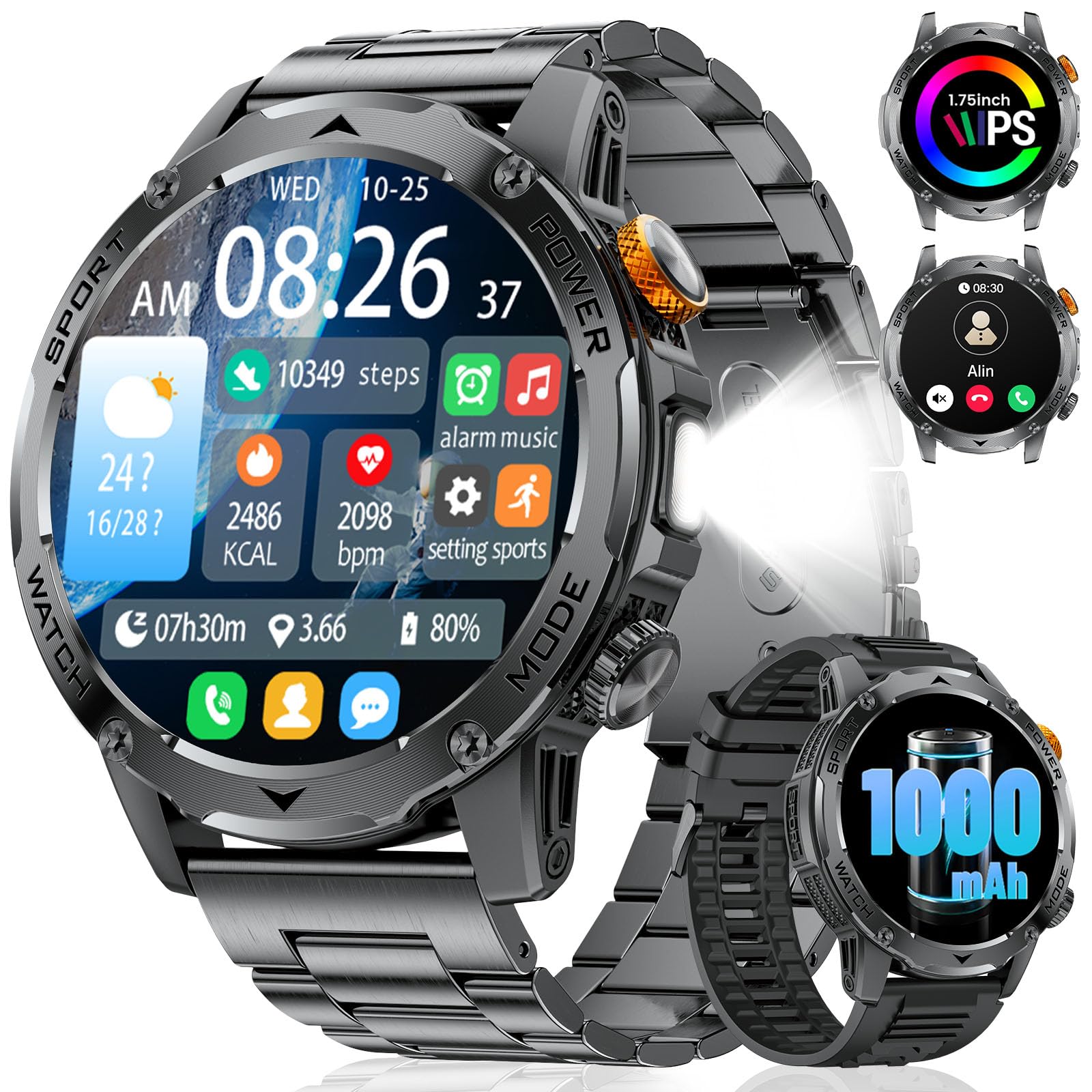 LIGE Militar Reloj Inteligente Hombre -1000 mAh/1,75" Grande Pantalla, Smartwatch con Llamadas Bluetooth/Linterna, 120+ Modos Deportivos, Monitor de Frecuencia Cardíaca/Sueño, iOS/Android,Negro Mate